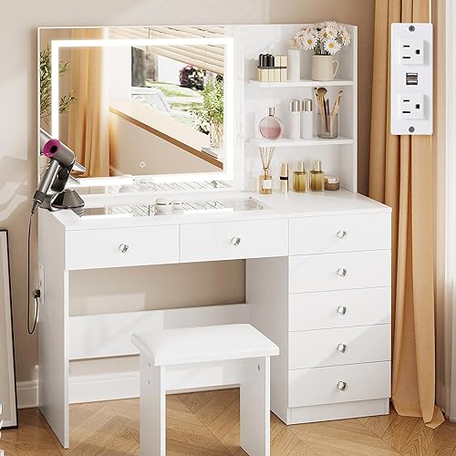 Miniatura 8 de VOWNER Tocador con espejo iluminado: escritorio de maquillaje con parte superior de vidrio y 7 cajones, 3 estantes de almacenamiento y