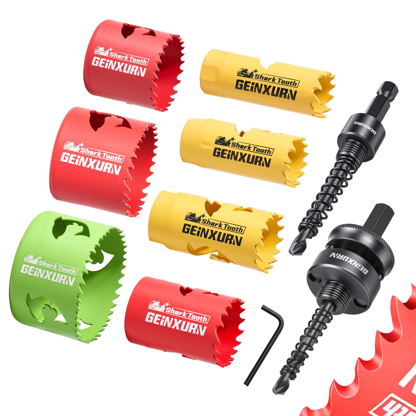 Geinxurn 9PCS Hole Saw Kit 19mm-68mm with Hole Saw Mandrel and Hex Wrench, HSS Bi-Metal Hole Cutter with Shark Tooth for Wood,Drywall, PVC Boards and Thin Metal