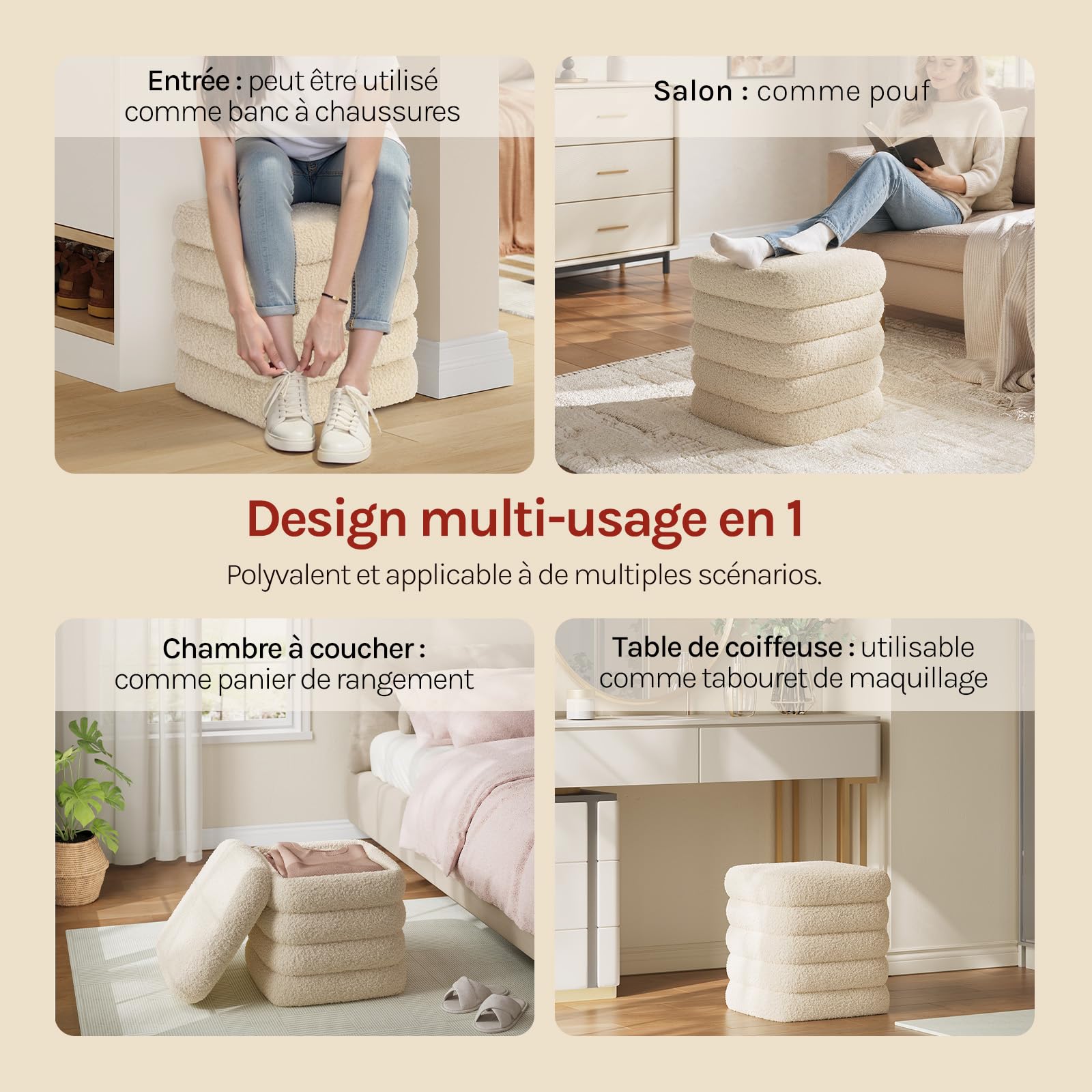 WOLTU Tabouret de Rangement Pliant, Pouf Coffre, en Polaire Teddy