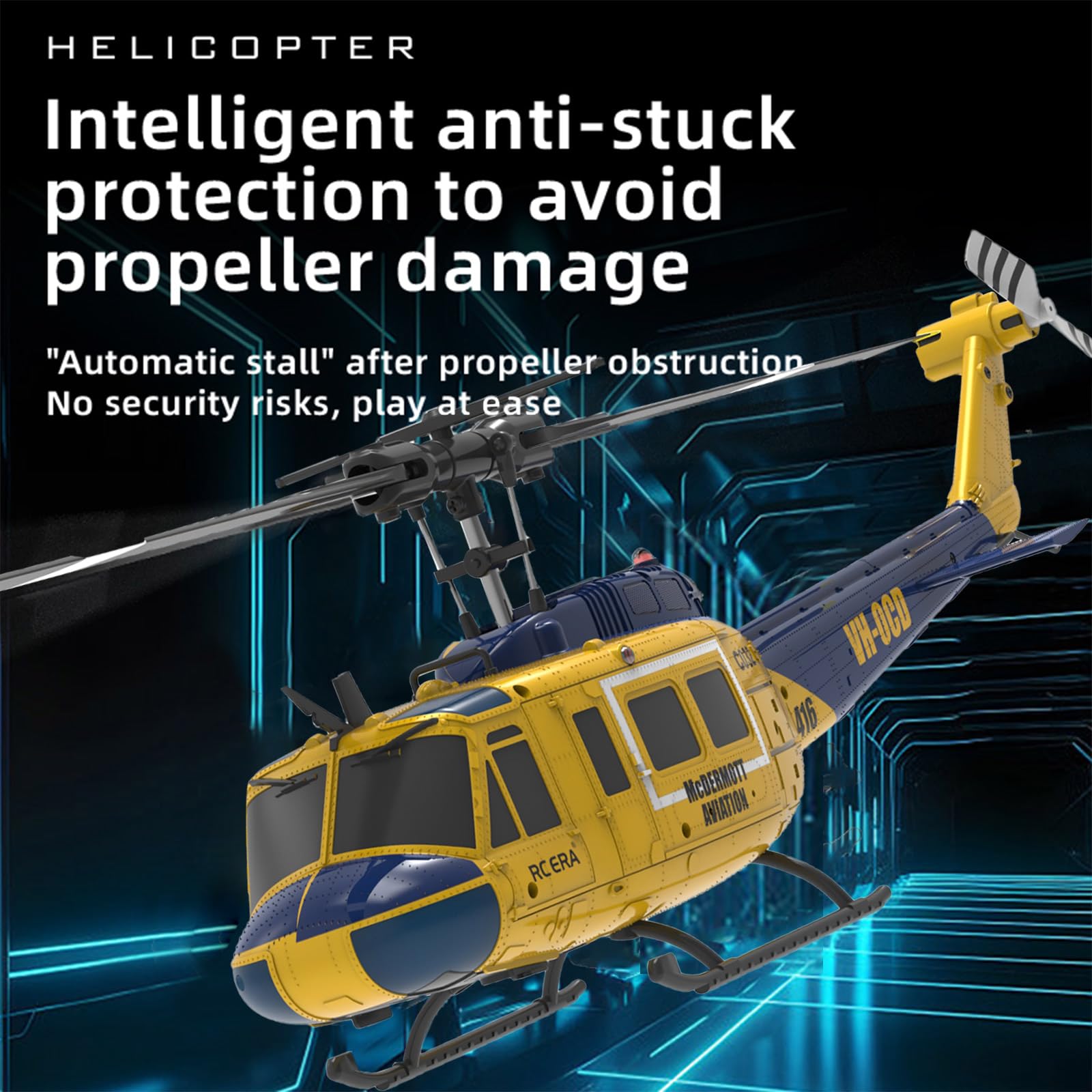 RC ERA C032 UH-1 Huey Elicottero telecomandato per adulti, 1/48 Sacle 2.4G 6CH Gyro Stabilized Aircraft with Altitude Hold & Optical Flow,3D Stunt Drone (giallo)