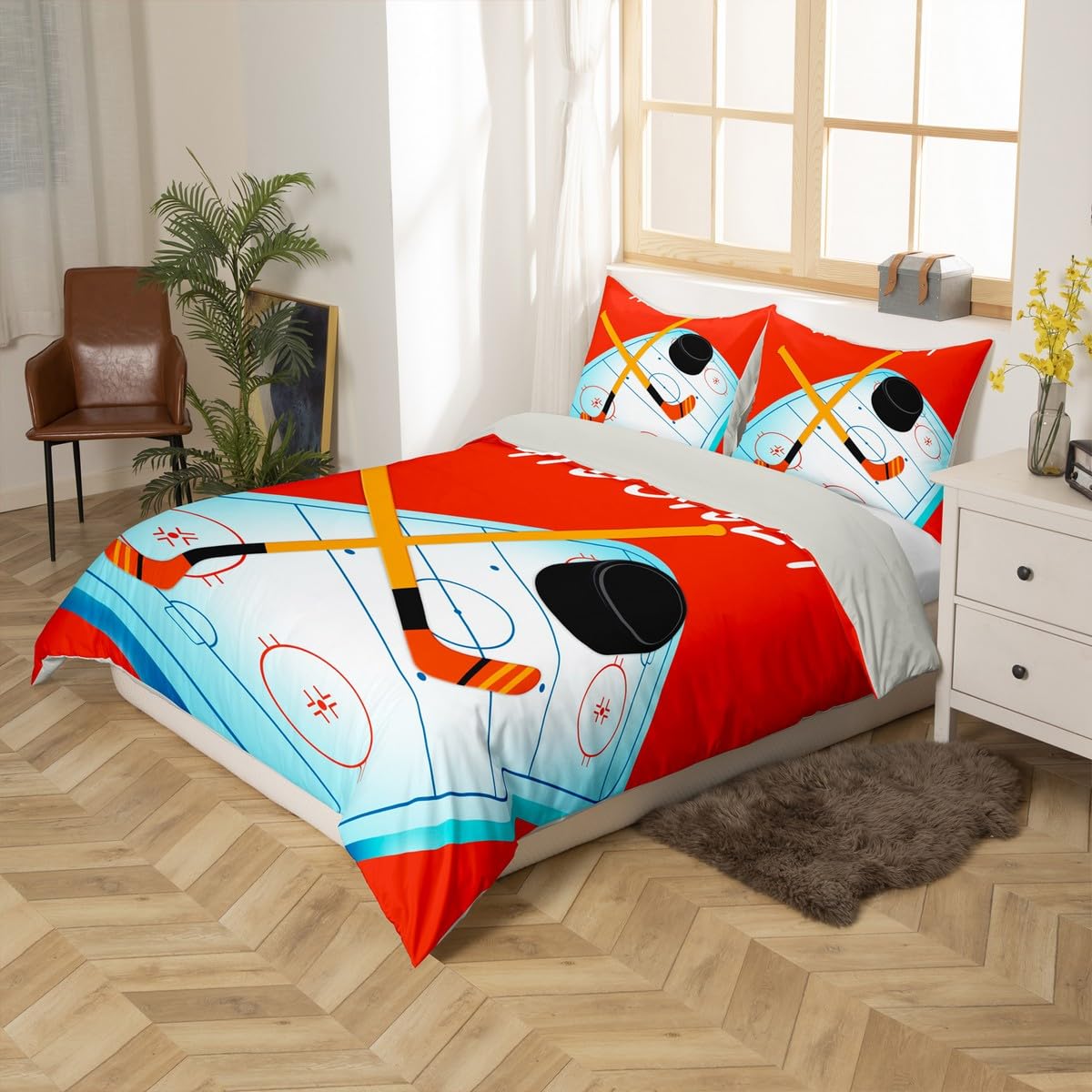 Homewish Zestaw pościeli King do hokeja na lodzie, sportowa poszewka na kołdrę dla chłopców, dzieci, nastolatków, zestaw pościeli z motywem krążka hokejowego, poszewka na kołdrę do gier, 3-częściowa