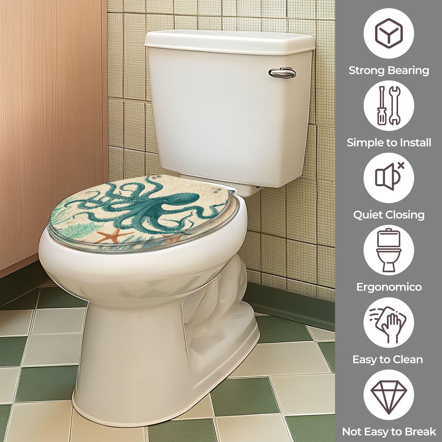 Asiento de inodoro redondo de resina para uso en el baño.