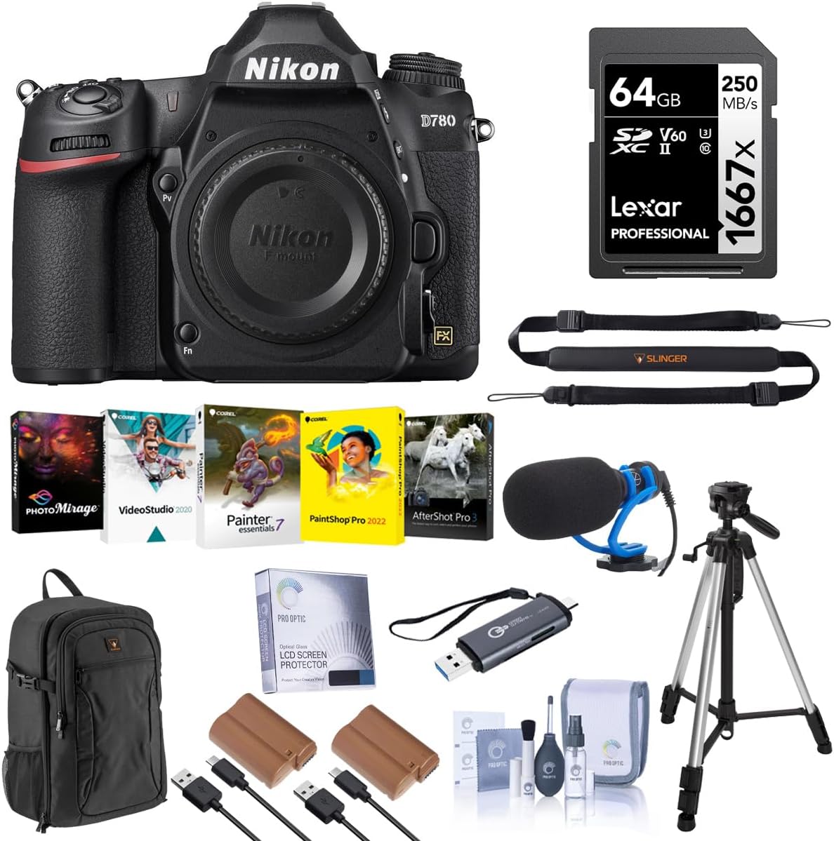 Nikon D780 FX-Format DSLR Camera, Bundle with 3-Sec Al Tripod, 2X EN-EL15c Battery, 64GB Memory Card and Backpack