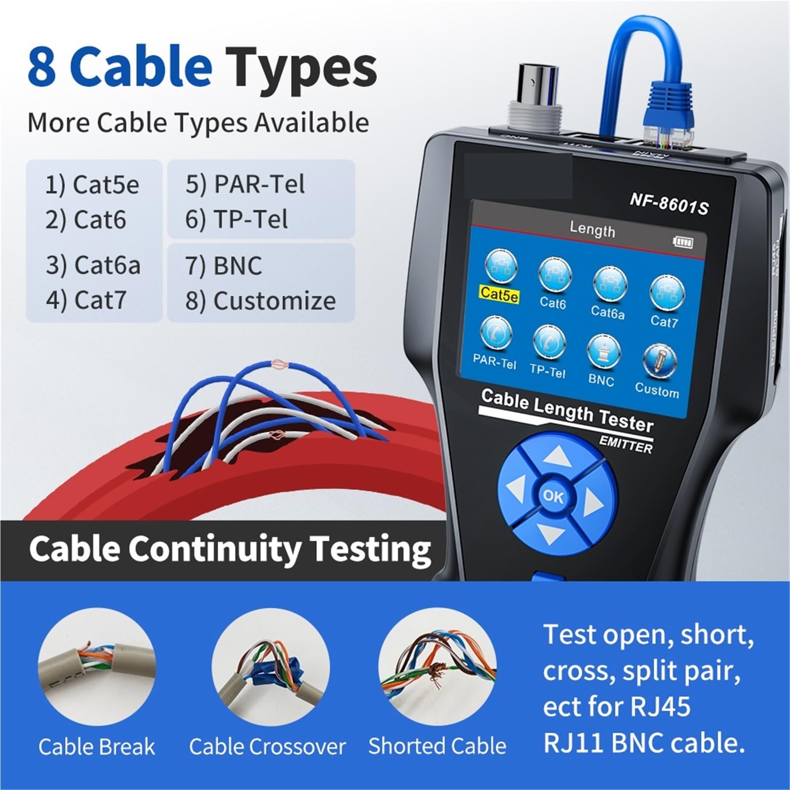 Tester for cavi di rete con PoE/PING Cable Tracker POE Misura lunghezza Wiremap Strumenti Prove di trasmissione