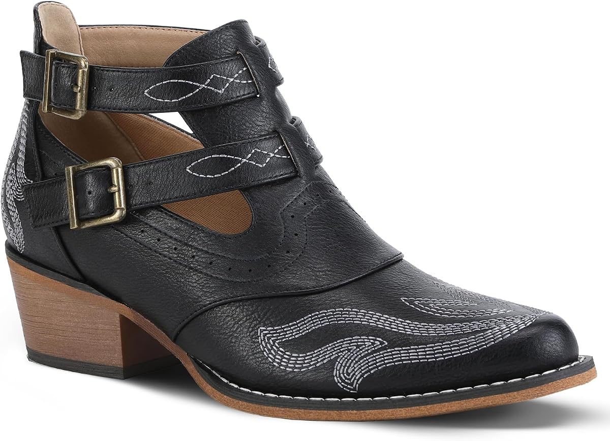 Botas Vaqueras Tobilleras para Mujer Botas Vaqueras Cortas Occidentales Tacón Grueso | Botines occidentales cortos bordados con punta corta, botines informales para baile de verano, ligeros a la moda