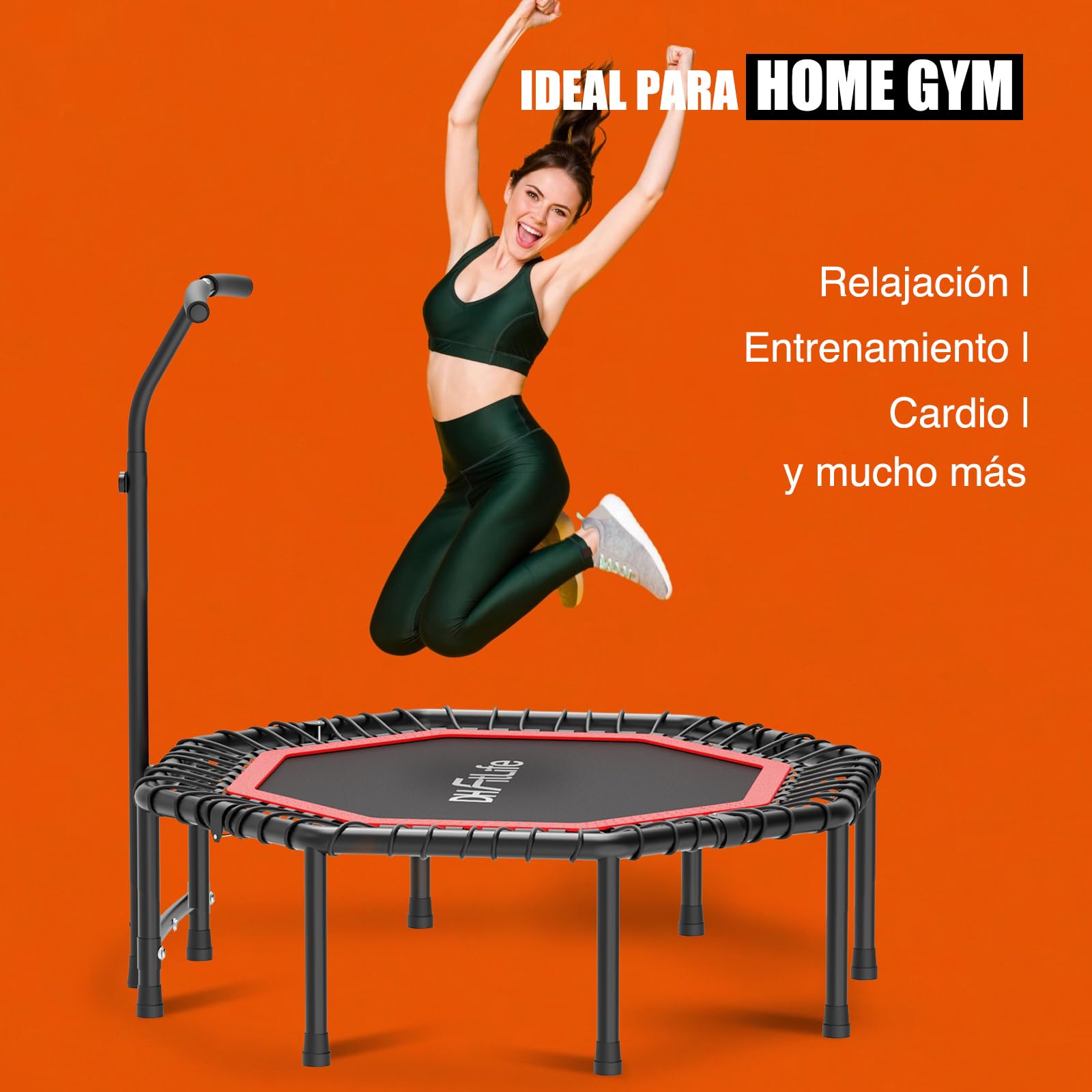 DH FitLife Cama Elástica Fitness Interior Ø121 cm, Trampolín Plegable sin Montaje, Capacidad 150 kg, Mango Ajustable 3 Niveles, Bajo Ruido y Estructura Estable para Adultos
