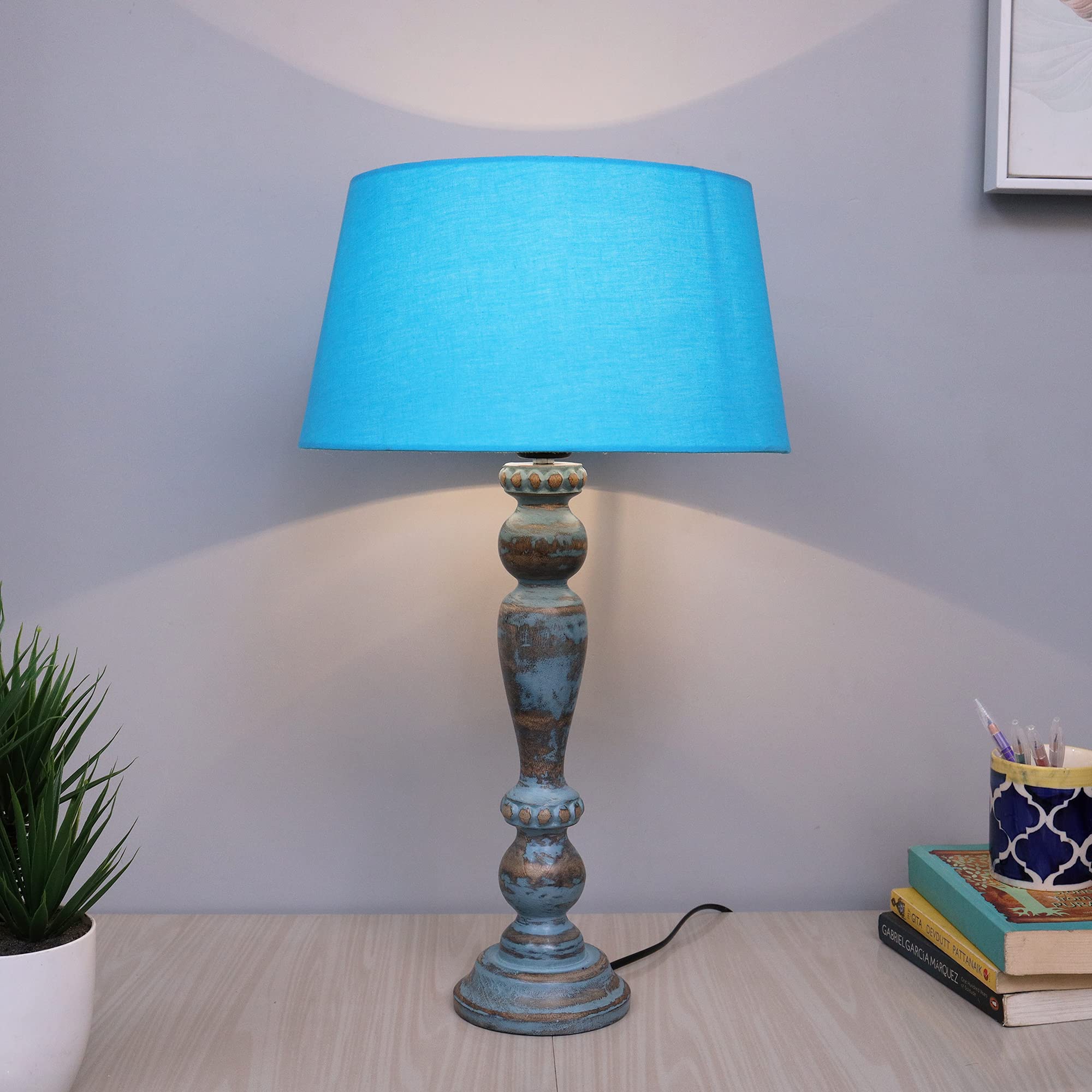 Homesake® Handcrafted Wooden Table Lamp for Bedroom & Living Room|Decorative Bedside Reading Lamp with, E27 Holder|Bulb Included|Eureka Polka Sky Blue Base for Home Décor, Turquouise Drum Shade-image-40