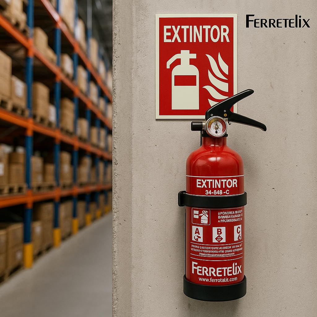 FERRETELIX® Extintor de 1 kg ABC + Cartel Fotoluminiscente 31x20 cm Homologado + Soporte de Montaje – FABRICADO EN 2026 Para Coche, Hogar, Oficina, Caravana, Barco o Barbacoa