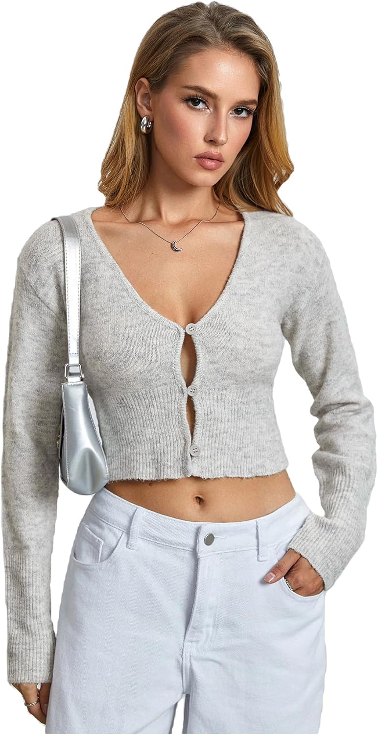 SHENHE Women's Cropped Cardigan Button Up Deep V Neck Y2k Fitted Soft Knit Sweater Cardigan