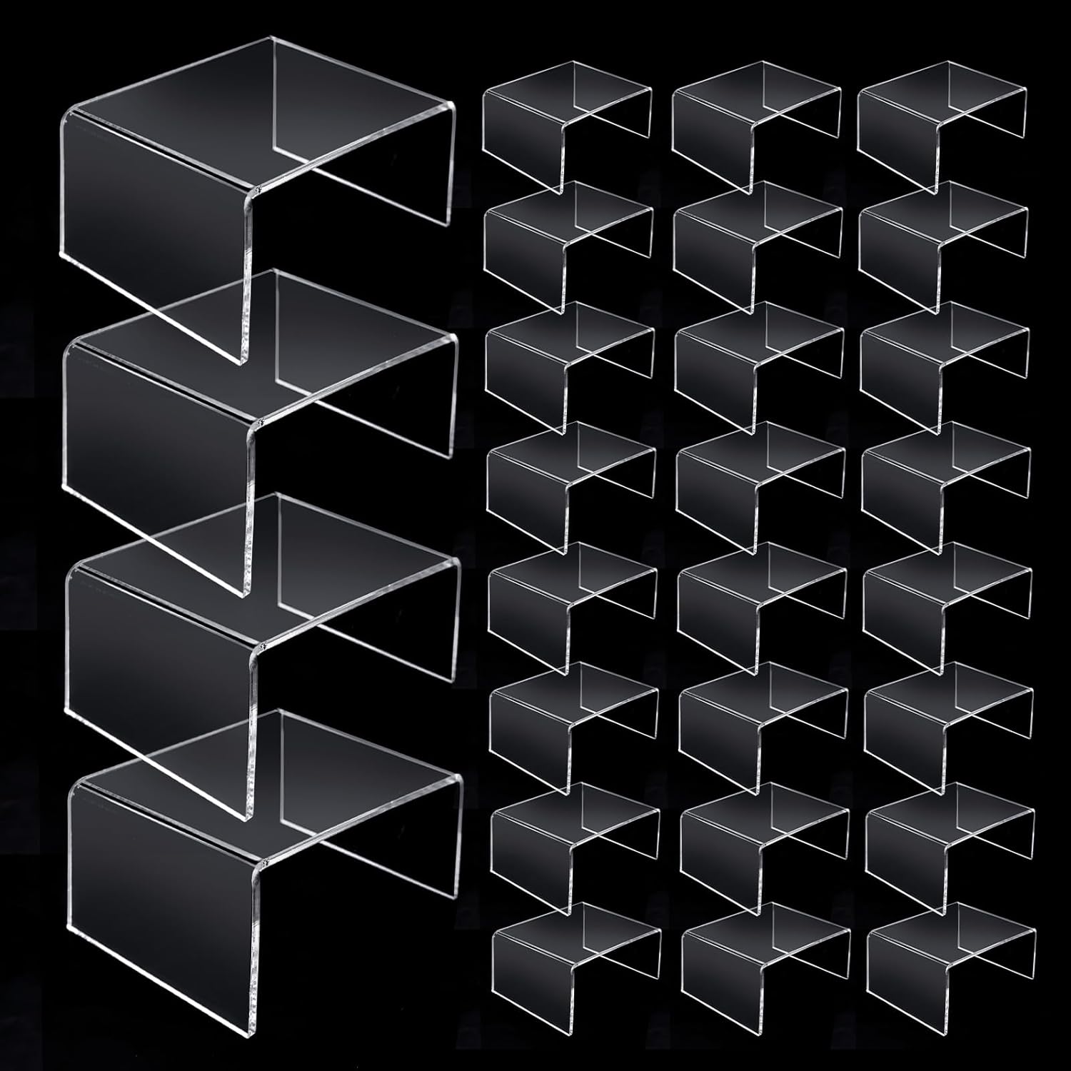 28 Pieces Acrylic Risers Display, Clear Collectibles Tabletop Stand Shelf Risers for Jewels, Cupcakes,Candy ,Small Toys, Tea Sets and Arts Crafts (4 x 3 x 2 Inch)