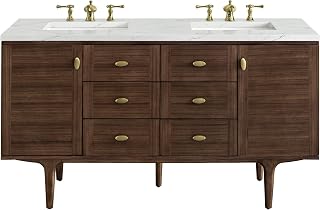 James Martin Vanities 670-V60D-3ENC Amberly 60" Free Standing or Wall Mounted Double Basin Rubberwood Vanity Set with 3cm Ethereal Noctis Quartz Vanity Top and Rectangular Sinks - Mid-Century Walnut