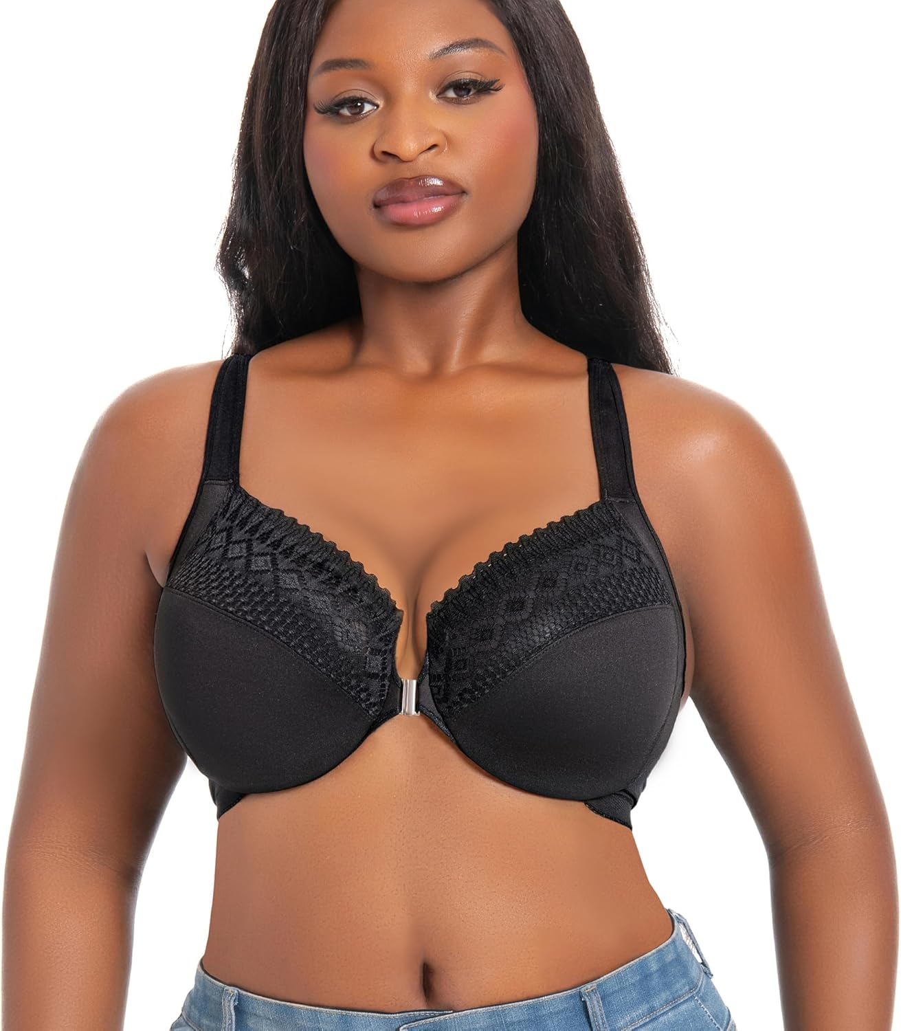 Women's Front Closure Bra Underwire Unlined T-Back Lace Unpadded Full Coverage Racerback Bras for Plus Size