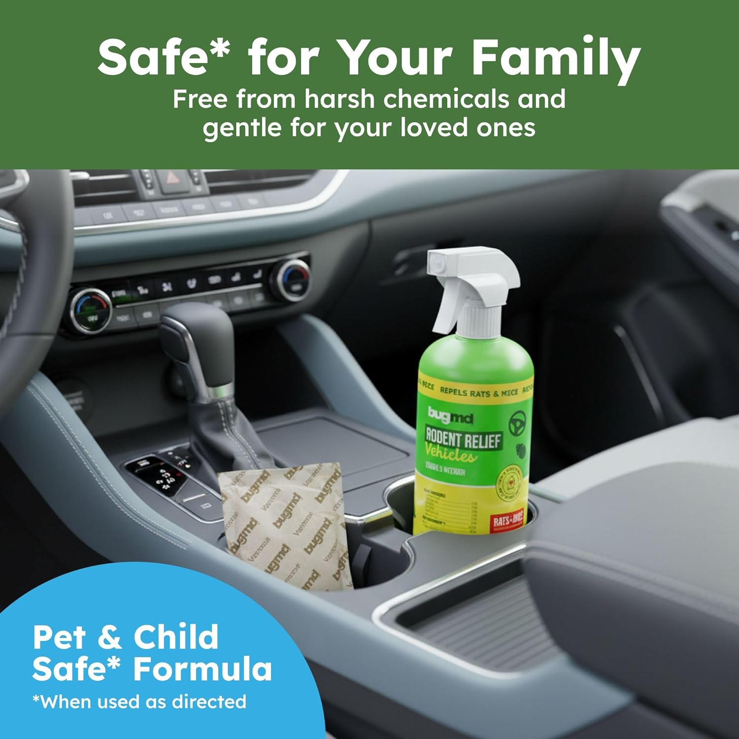 BugMD Vamoose Plus Peppermint Pouches & Car Engine Rodent Spray Bundle | Plant-Powered Mouse & Rat Repellent for Home, Garage, Car, RV & Storage | Includes 4 Scent Pouches + Peppermint Engine Spray