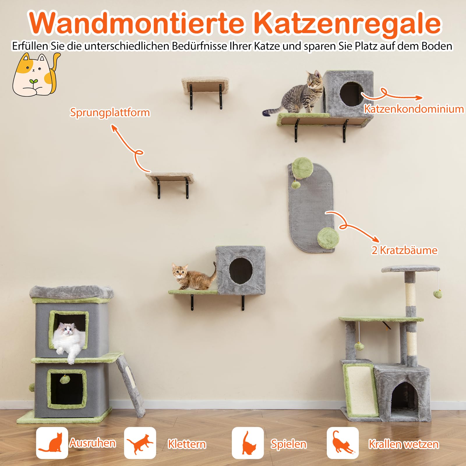 COSTWAY Kratztonne Katzentonne, 3 stöckiger Kratzbaum, Katzenhaus mit großer Liege, Kratzbrett, 2 Katzenhöhlen & Ball, Spieltonne mit Abnehmbarer Hülle, Katzenbaum Katzenkratzbaum Kletterbaum, Grau