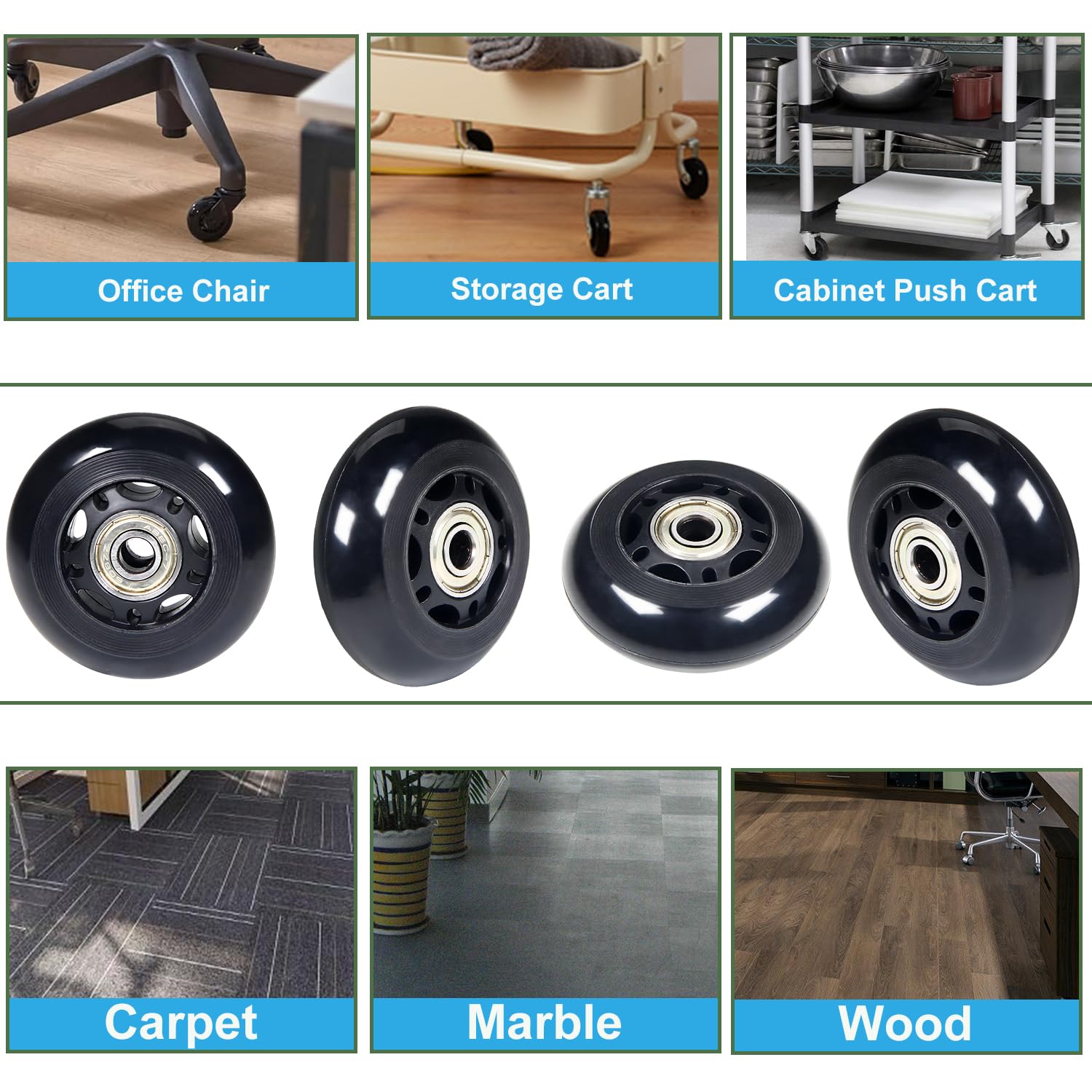 Ruedas giratorias para silla de oficina de 3 x 1 pulgadas, carrito de