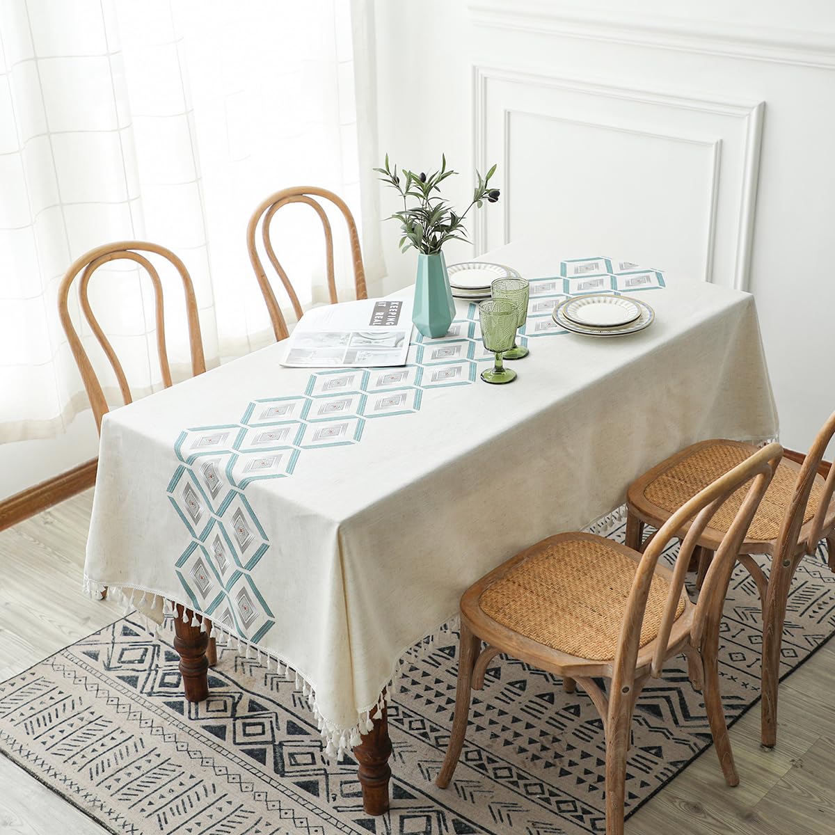 Grande tovaglia lavabile in cotone e lino con nappe, tovaglia resistente con design floreale vintage, rettangolare, antipolvere, per cucina, tavolo da pranzo, feste e compleanni (180 x 140 cm