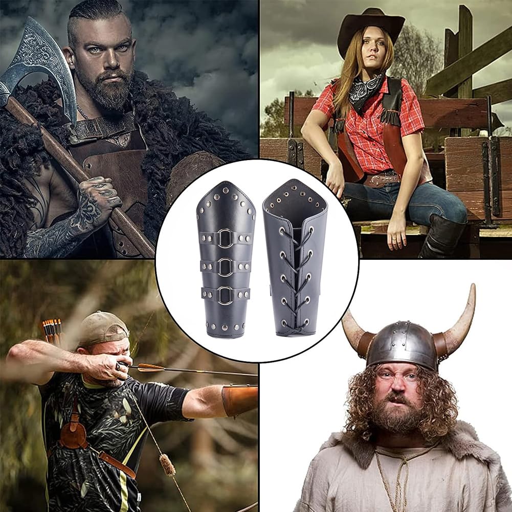 GORGECRAFT 2 PCS Noir Viking Protège-Poignets Cuir Gauntlet Bracelet Médiéval Brassards Réglable Faux Bras Garde Poignet Bande Ceinture Boucle Brassard Manchette Garde Costume pour Hommes Femmes