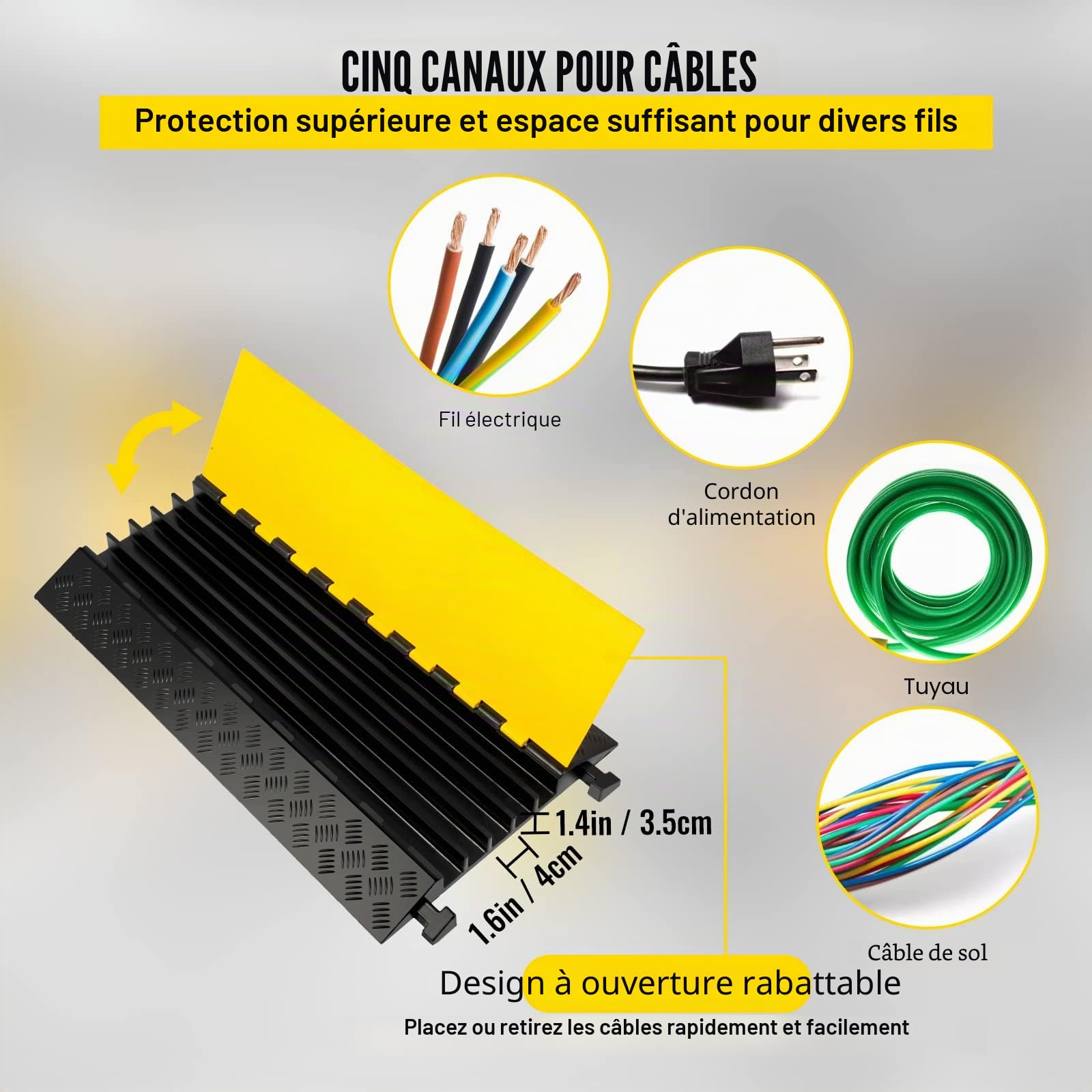 VEVOR Rampe de Protection de Câble Exterieur 35 x 4 mm Rampe de Cache-Câble 5 Canaux Passe Câble Sol Protecteur de Câble Sol Goulotte Passe Câble Couvre Câble Parking Entrepôt Concert Hôtel Scèn