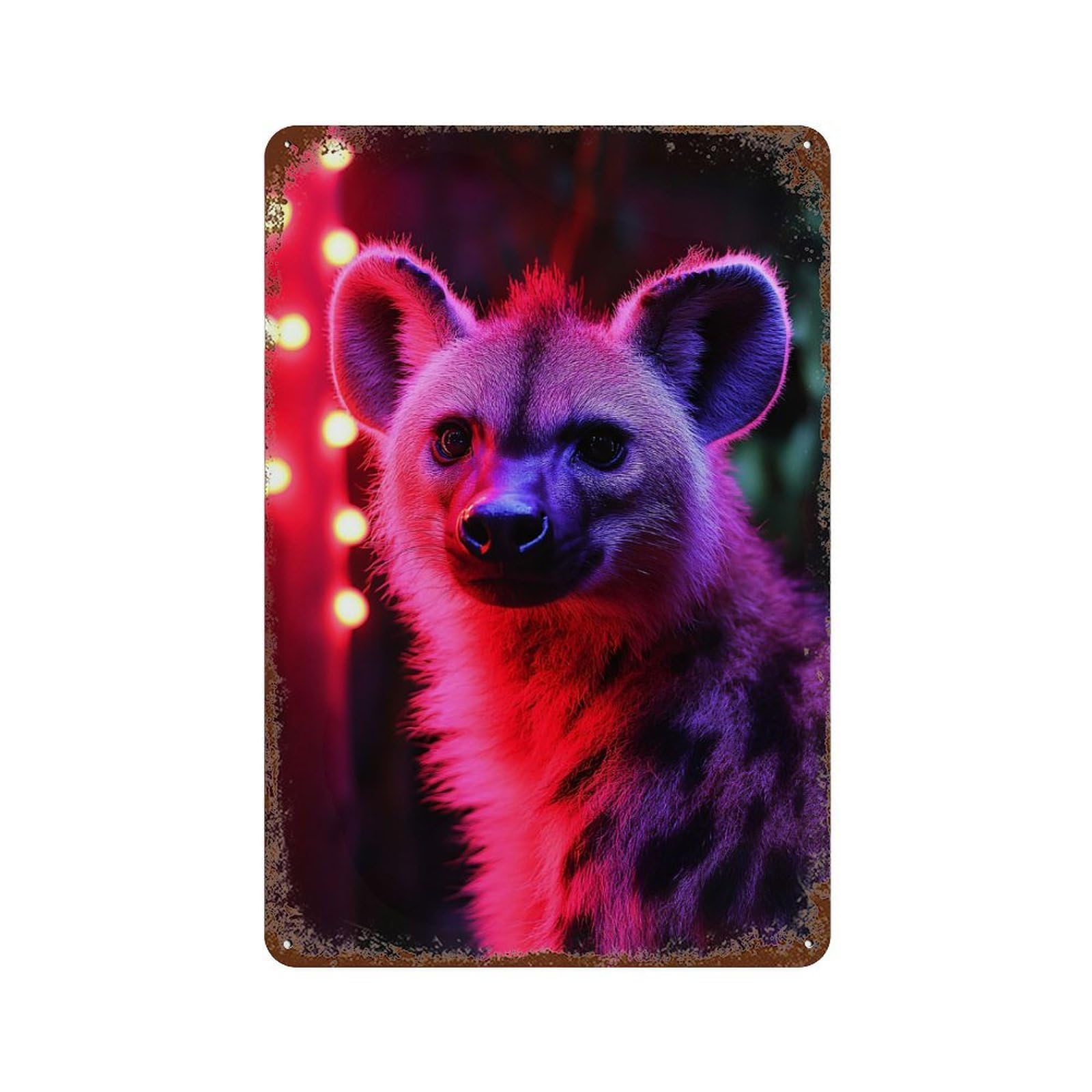 Hyena Portrait with Red And Blue Lighting Rust Effect Tin Sign 11.8"x7.9", Vintage Wall Decor for Bistro, Counter And Cafe Decor