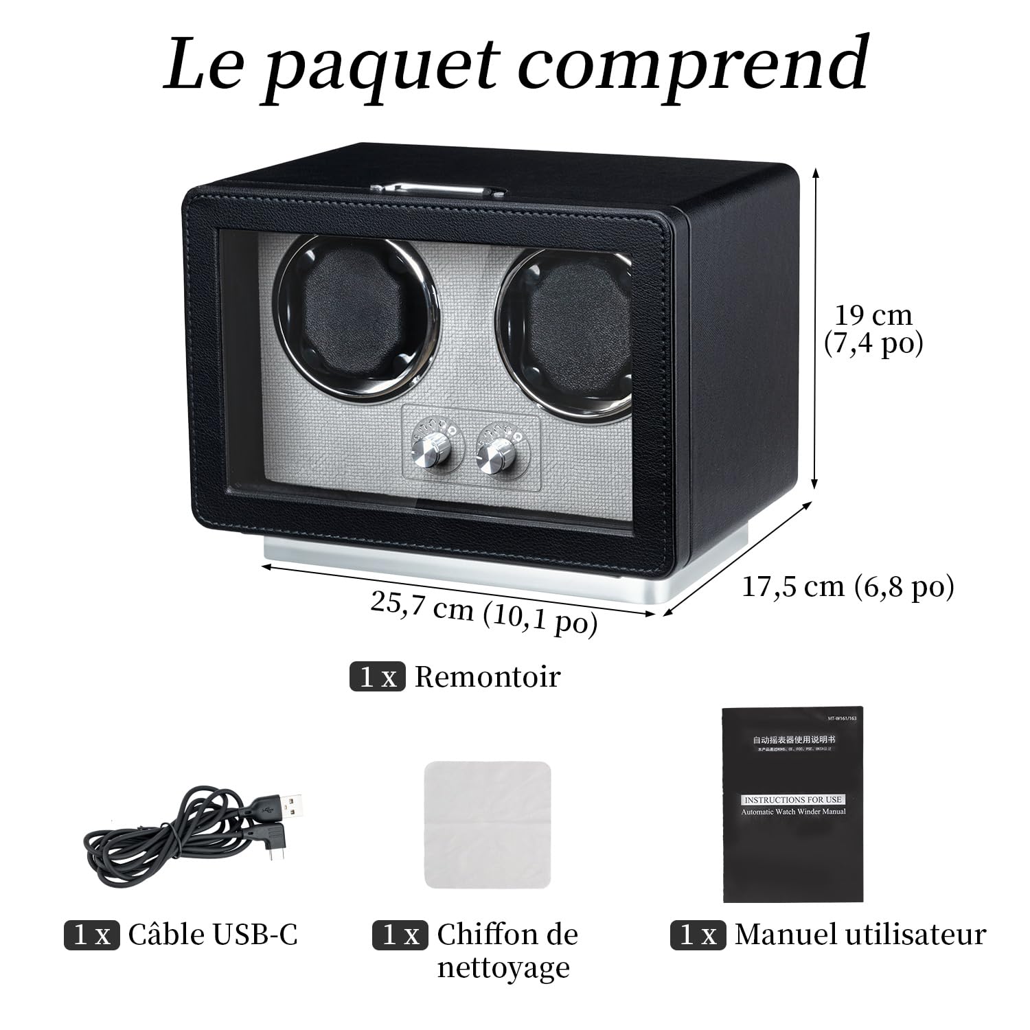 Mcbazel Remontoir de montre pour 2 montres automatiques, moteur silencieux avec 4 modes de rotation, double alimentation (USB-C et batterie), éclairage LED et fonction arrêt automatique