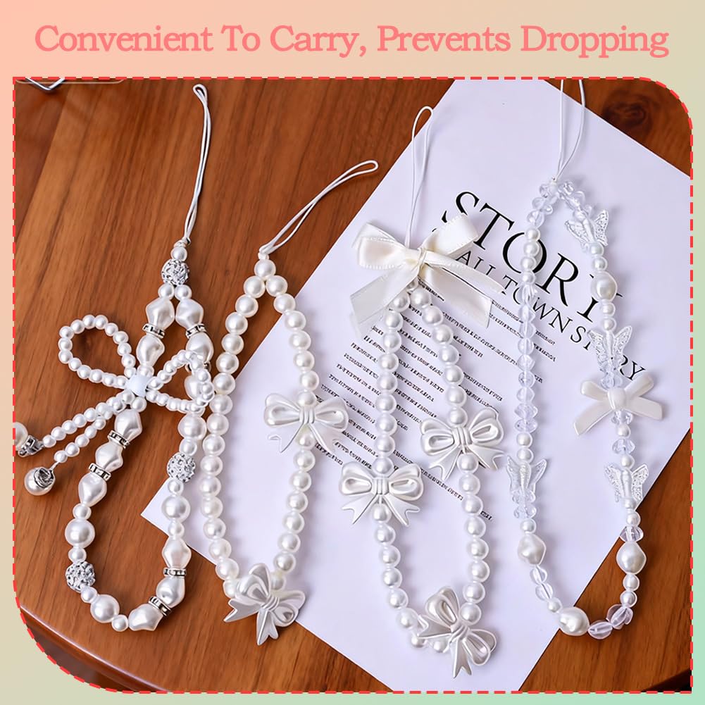 4 Pcs Cute Cell Phone Charms, White Pearl Bracelet Strap Chain Wrist Beads MobilePhone Charm Wrist Strap to Prevent Loss, Phone Case Accessories for Keychain Camera Decor — view 3