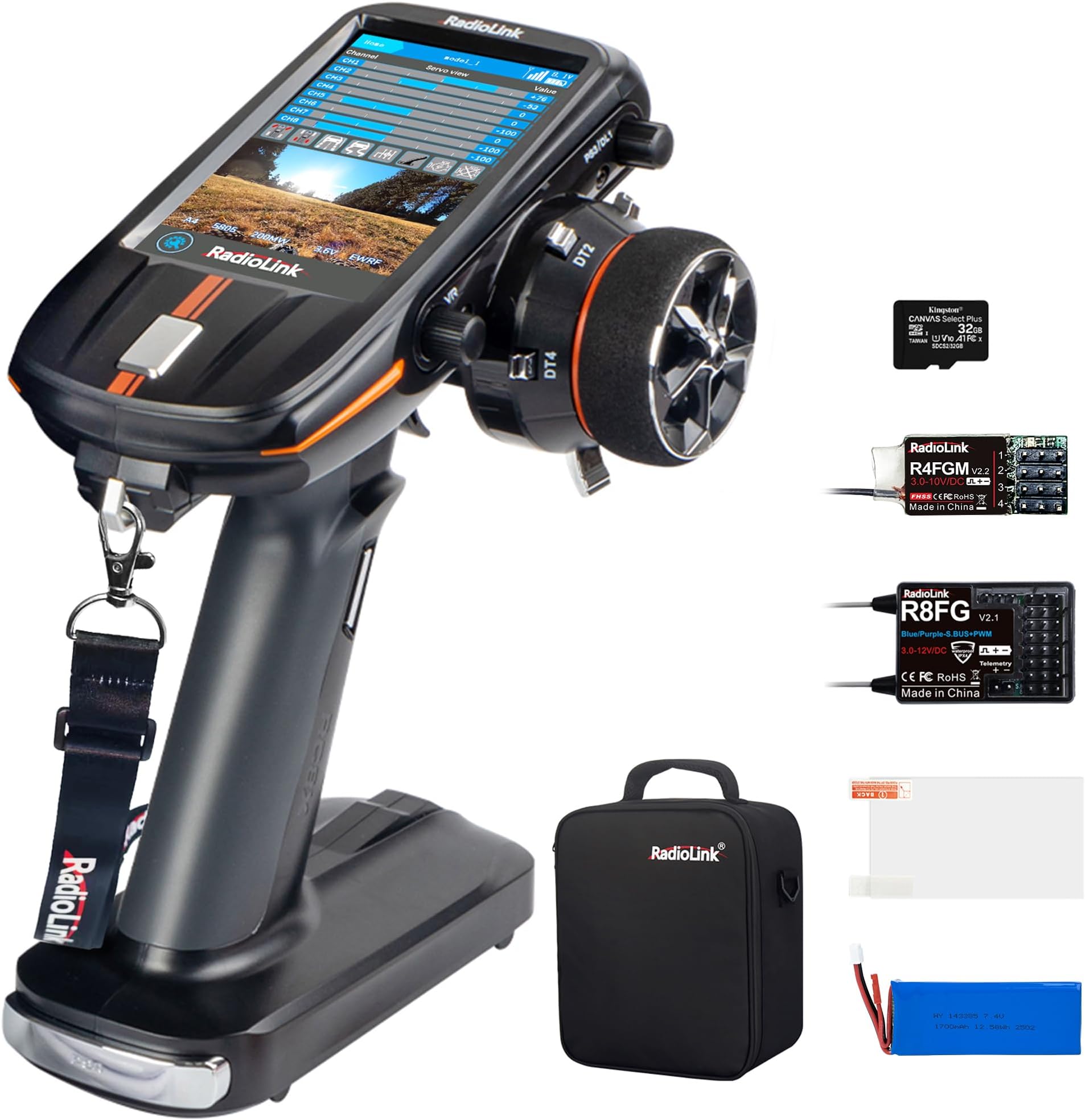 Radiolink RC8X 8 Channels 2.4G RC Transmitter and R8FG&R4FGM V2.1 Gyro Receiver, Voltage Telemetry Surface Remote Controller, 4.3" IPS Touch FPV Screen for RC Crawler/Drifting/Cars/Boats