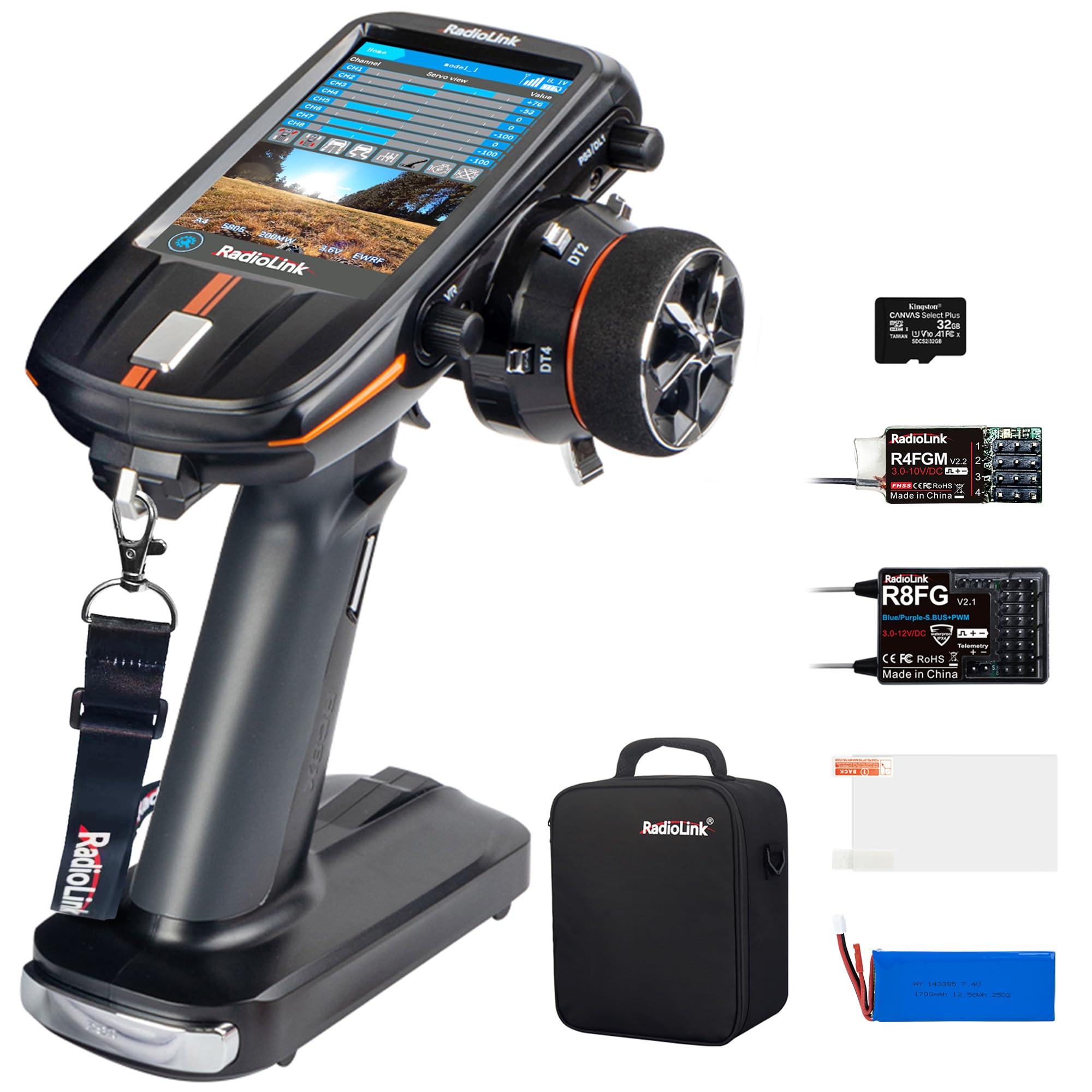 Radiolink RC8X 8 Channels 2.4G RC Transmitter and R8FG&R4FGM V2.1 Gyro Receiver, Voltage Telemetry Surface Remote Controller, 4.3" IPS Touch FPV Screen for RC Crawler/Drifting/Cars/Boats