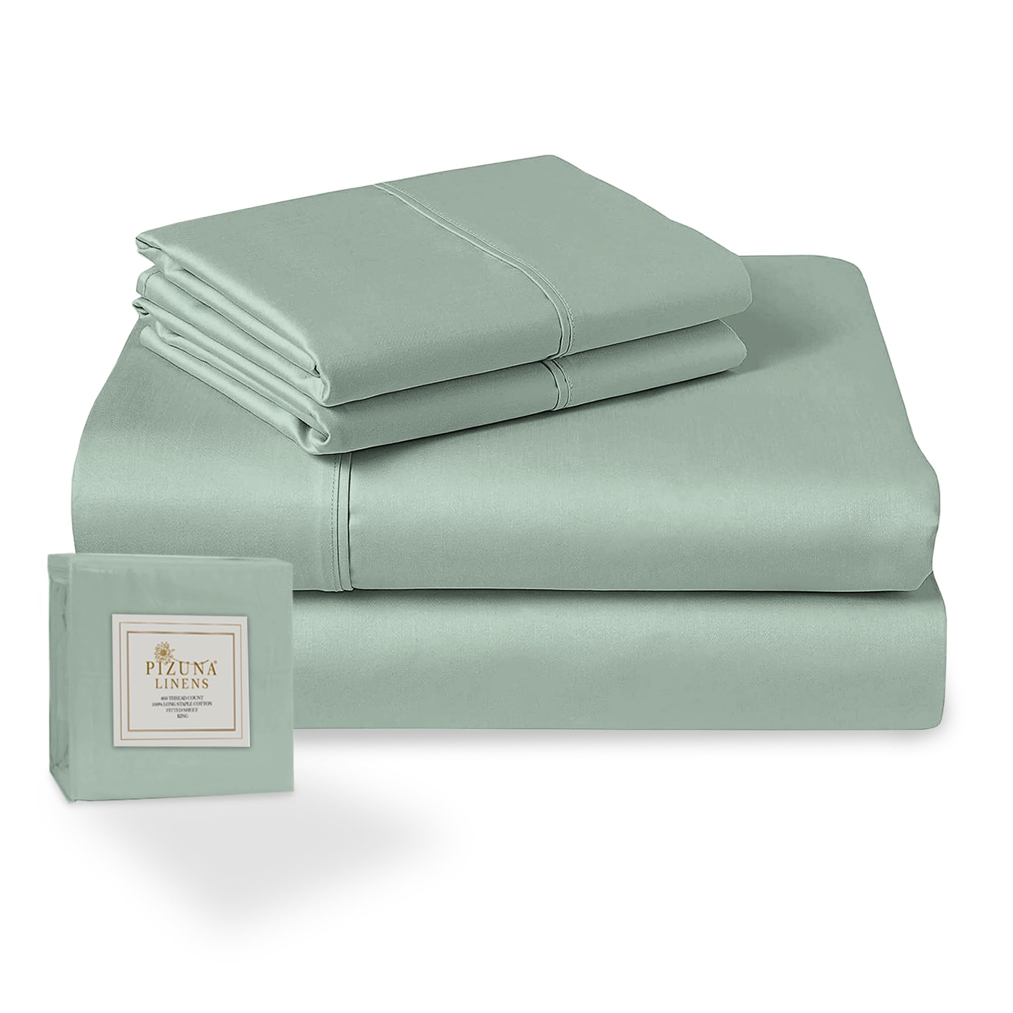 Pizuna Set lenzuola letto matrimoniale Cotone 140x200 cm Schiuma Marina, 400 fili con trama Sateen in 100% Cotone a fiocco lungo Completo lenzuola con 1 lenzuolo con angoli, 1 lenzuolo sopra, 2 federe