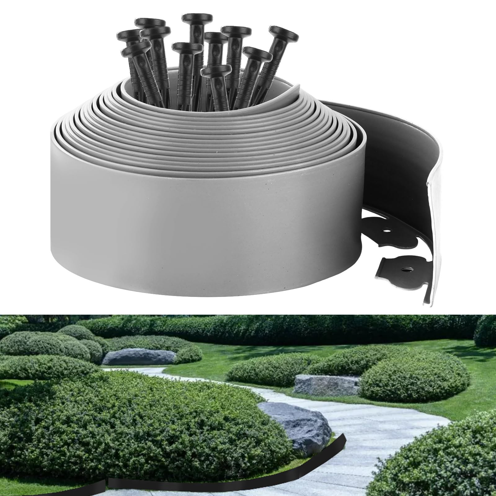 Oungy 12m Lawn Edging, 10cm High Garden Edging Border with 30 Pegs, Plastic Landscape Edging Flexible Mini Fence for Yard, Landscaping, Flowerbeds, Path - Grey