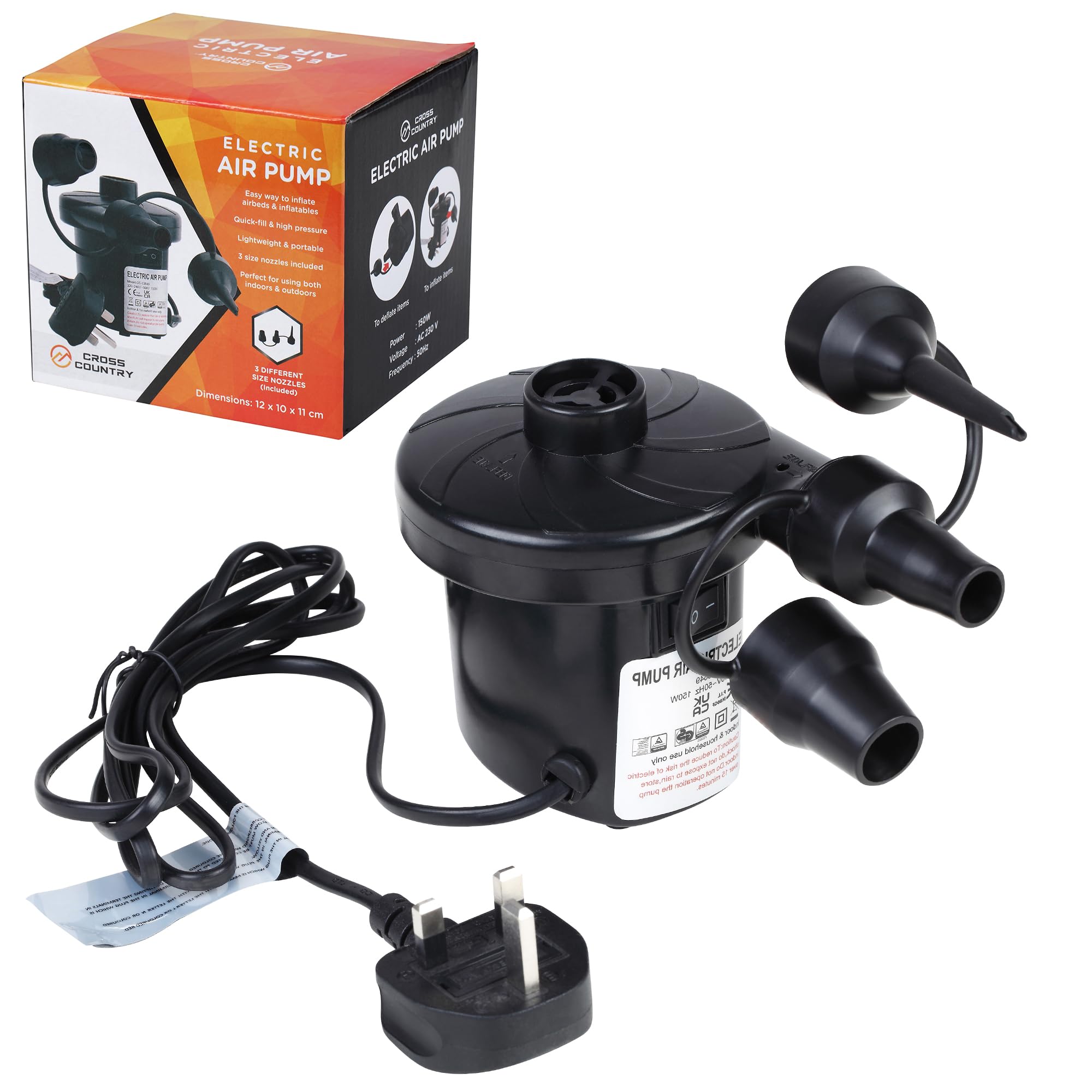 CROSS COUNTRY 150W Electric Air Pump with 3 Nozzles – High Power Inflate & Deflate Pump for Airbeds, Paddling Pools, Mattresses, Boats, Beach Toys & Inflatables | Lightweight & Portable Electric Pump