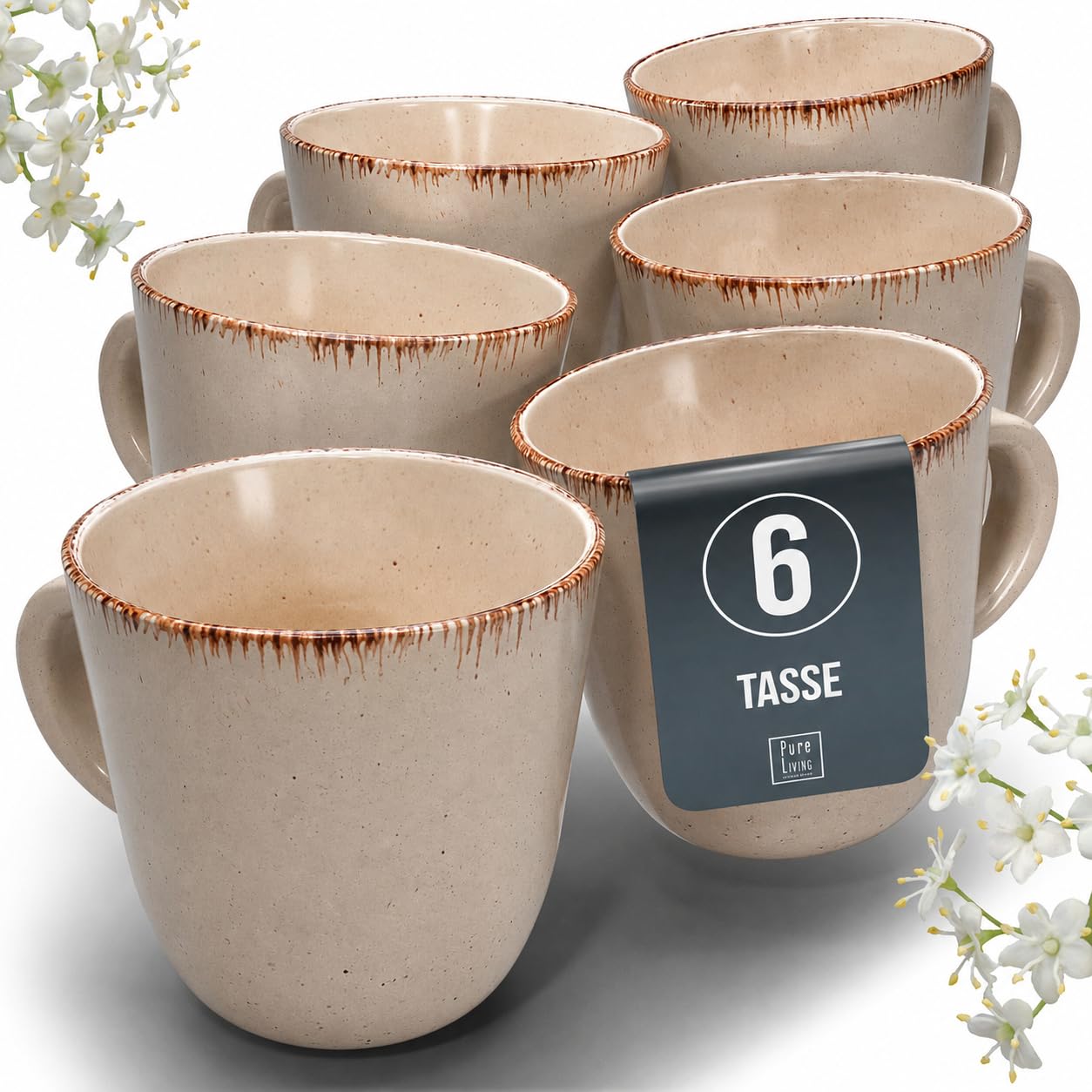Steingut Kaffeetassen 6 Pers. Rustic Hochwertiges Landhausstil TEST SEHR GUT Tassen Set, Spülmaschinen-, Mikrowellen- und Kratzfest - Stylisches Tee- und Kaffeebecher Set