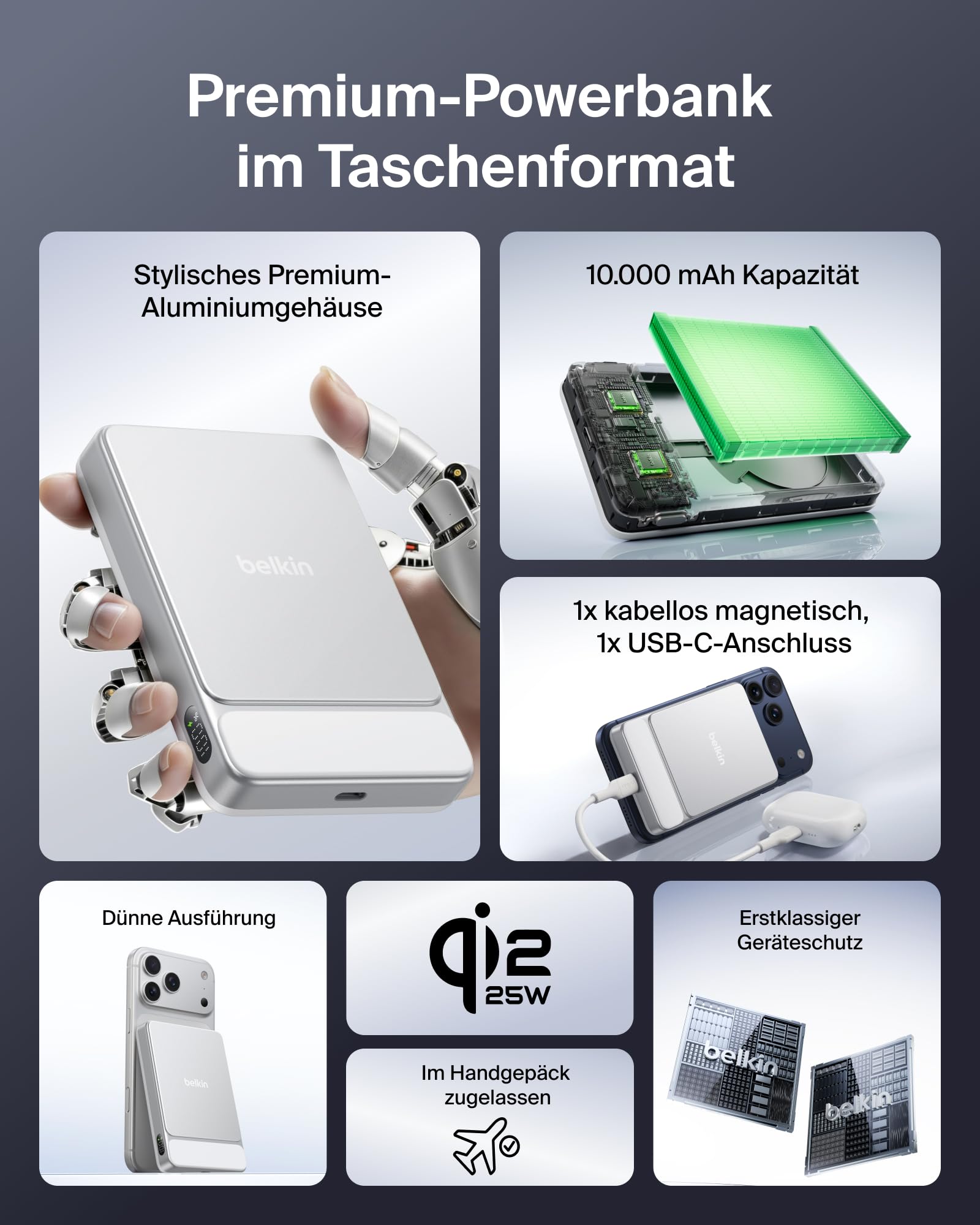 Belkin UltraCharge 10000mAh Magnetische Power Bank, USB-C Port – Weiß | 10K Powerbank Kabellos, Dünn, Qi2-zertifiziert, 25W, Magnetring, USB C Port, Bereits Geladen, Kabel, Geeignet für Flugreisen