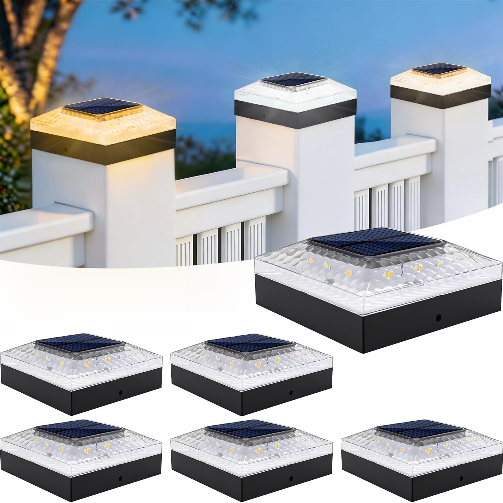 ROMANJOY 4x4 Post Solar Lights, 3 Colors Fence Light Solar Powered, 2 Brightness Solar Post Cap Lights Waterproof for Wood/Vinyl Posts, Garden, Patio, Deck, Hammered Light, 6 Pack