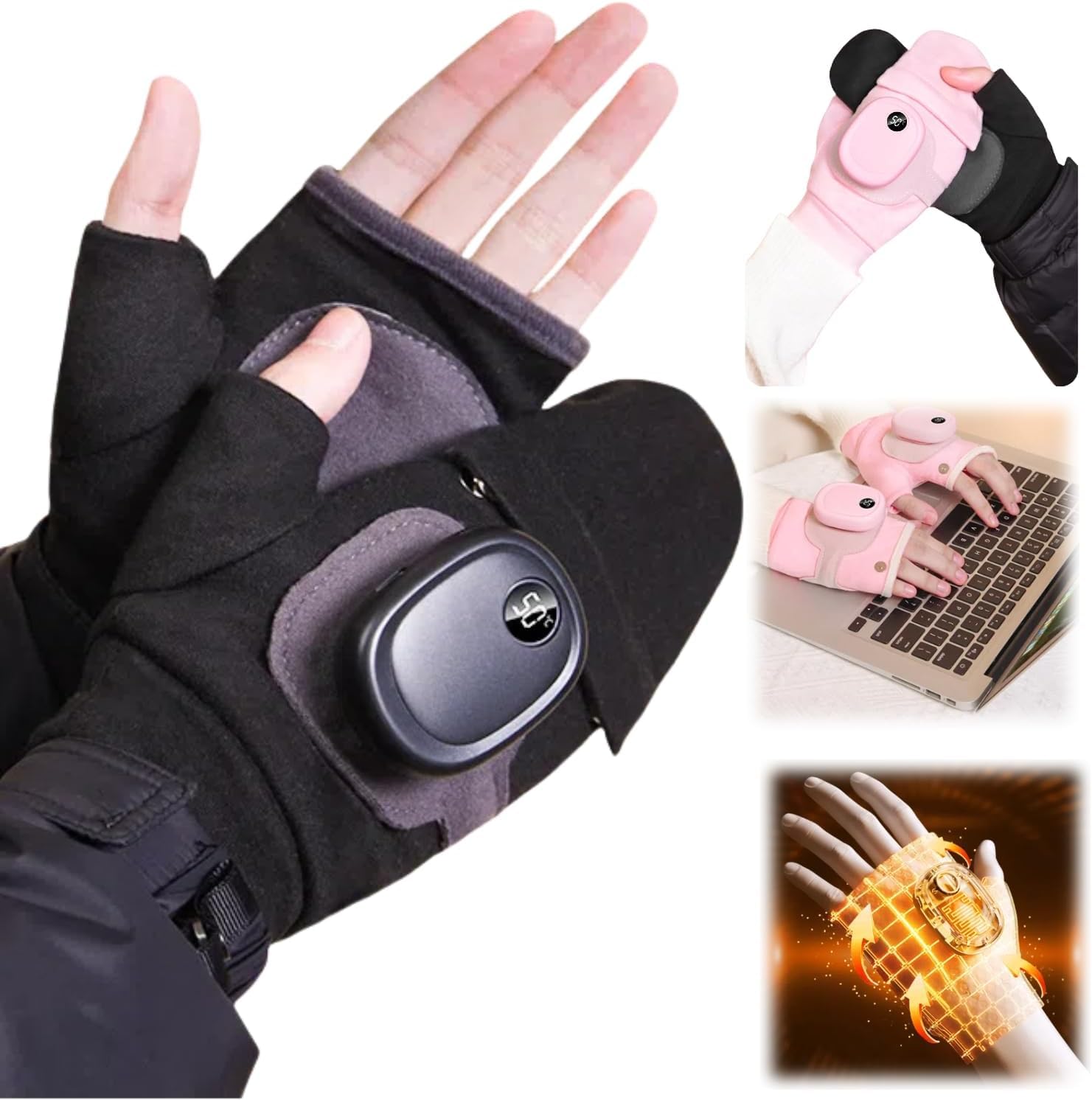 Heated Gloves for Women, Upgraded Smart Thermostatic Electric Heated Fingerless Gloves Rechargeable for Women Men, Winter Hand Warmer for Work Cycling Skiing Outdoor Snow (Black)