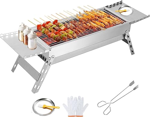 SGOLAN Parrilla de carbón portátil, parrilla de barbacoa de acero inoxidable, pequeña parrilla plegable para jardín, cocina al aire libre, barbacoa,