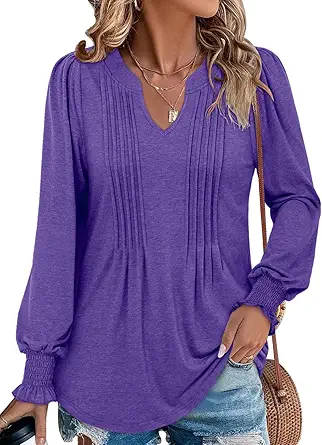 BETTE BOUTIK Long Sleeve Shirts for Women Fall Tops Dressy Blouses Pleated V Neck Tunic Tops for Leggings S-3XL