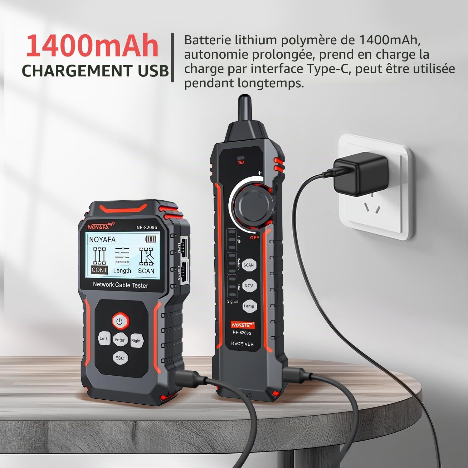 NOYAFA Testeur de câble réseau avec POE, traceur de fils avec test de longueur de câble, clignotement de port, NCV pour câble réseau, prend en charge le chargement de type C NF-8209S