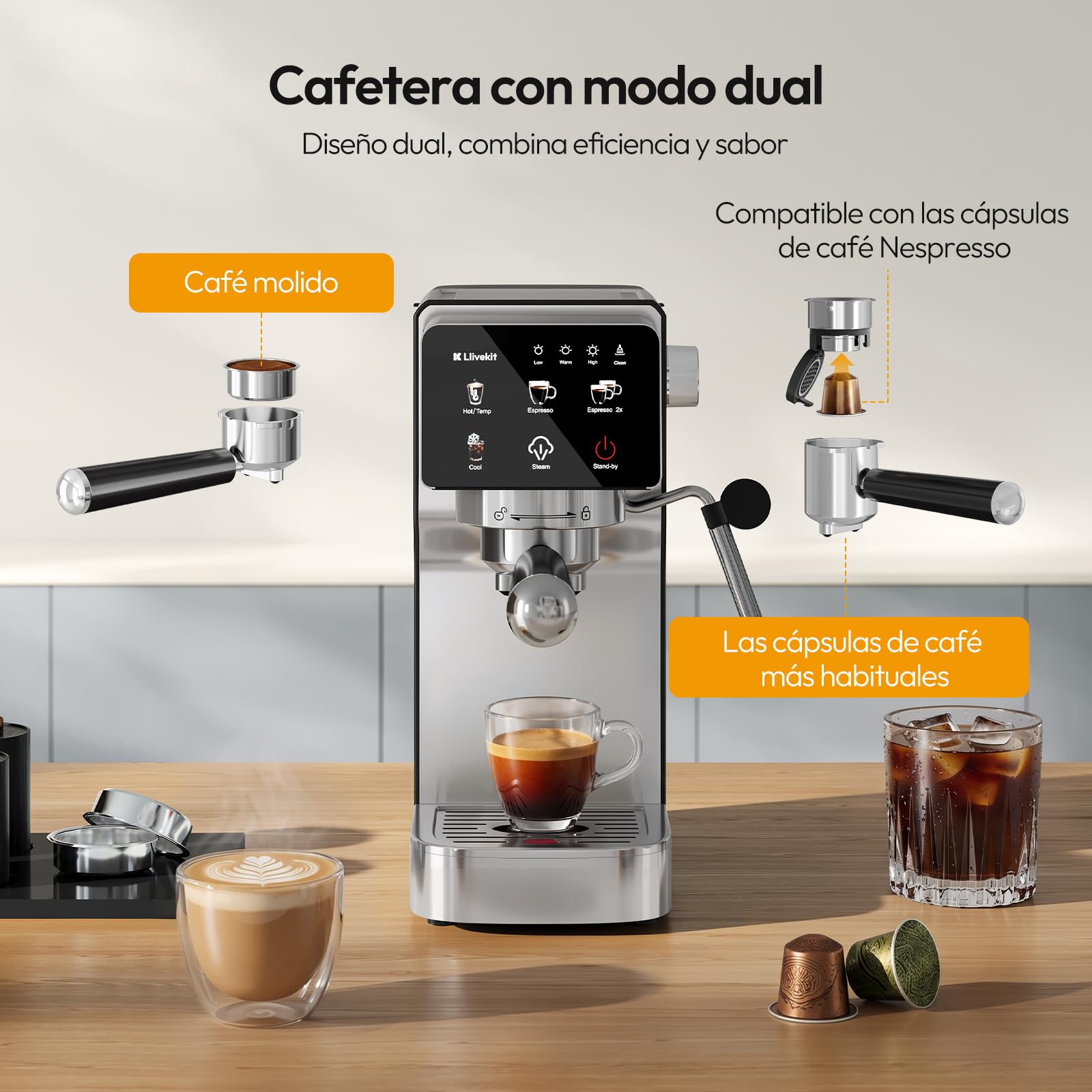 LLIVEKIT 2 en 1 Cafetera Espresso 20 Bares, Espumador de Leche | Compatible Cápsulas y Café Molido, 1350 W, Depósito 1,2 L, Descalcificación y Apagado Automático, Acero Inoxidable