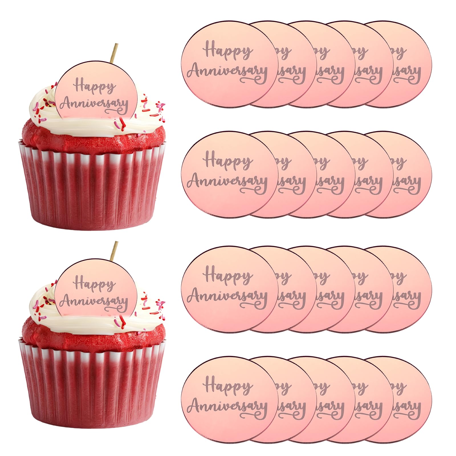 sourcing map 20Pcs Acrylic Mirror Cake Toppers, Happy Anniversary Cupcake Toppers Round Shapes Laser Picks Dessert Decorations for Celebrating Party Wedding Shower, 059-Rose Gold — image 1
