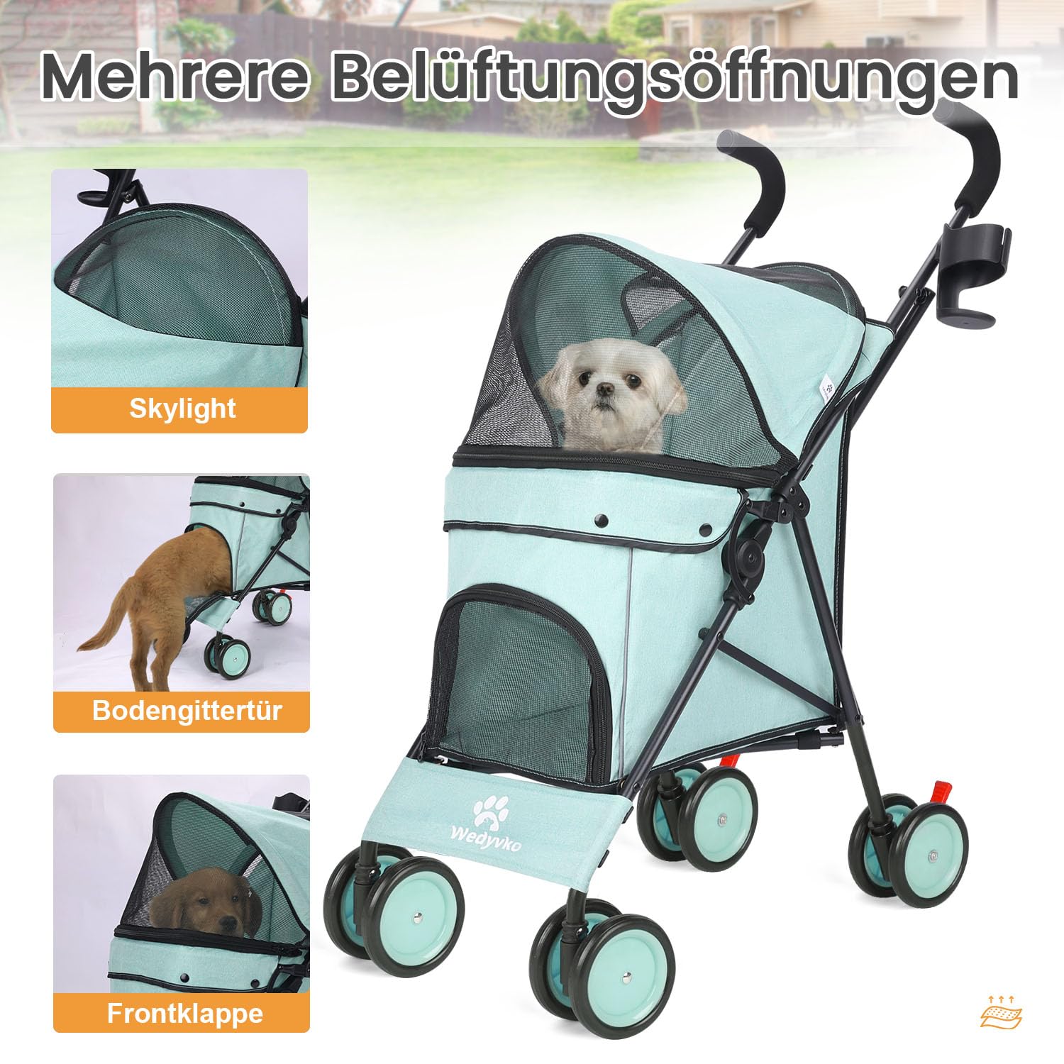 Parapluie Poussette pour petits chiens de 10 à 9 kg, poussette pliable légère 4,1 kg, avec double bandoulière à 4 roues, panier de rangement, porte-gobelet, vert foncé (bleu sarcelle)