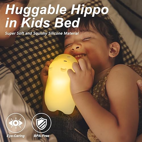 Miniatura 4 de Luz nocturna de regalo de hipopótamo para niños, bonita lámpara de noche de animales para habitación del bebé, luces táctiles LED de silicona suave,
