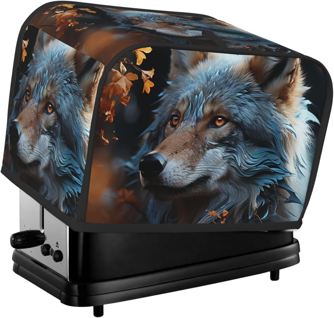 2 Slice Toaster Cover with Pockets & Top Handle Small Bread Maker Covers Autumn leaves and a wolf Kitchen Small Appliance Cover Washable Universal Oven Covers