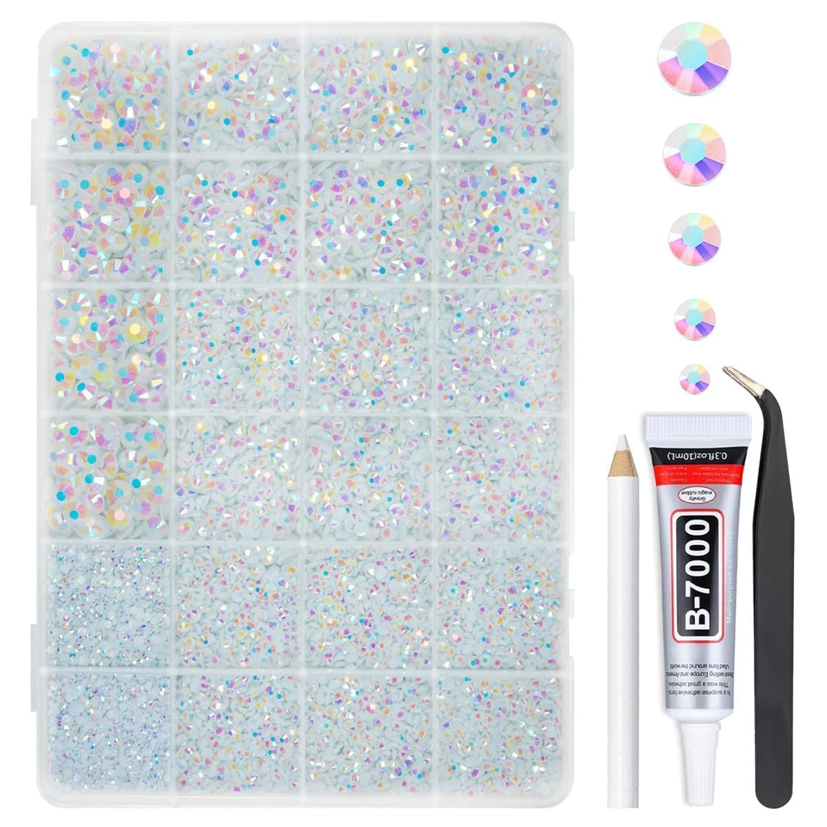 qiipii White AB Resin Rhinestones w B7000 Jewelry Glue for Bedazzling Crafting 2mm 3mm 4mm 5mm 6mm Flatback Jelly Stones Diamonds Gems Bedazzler Kit