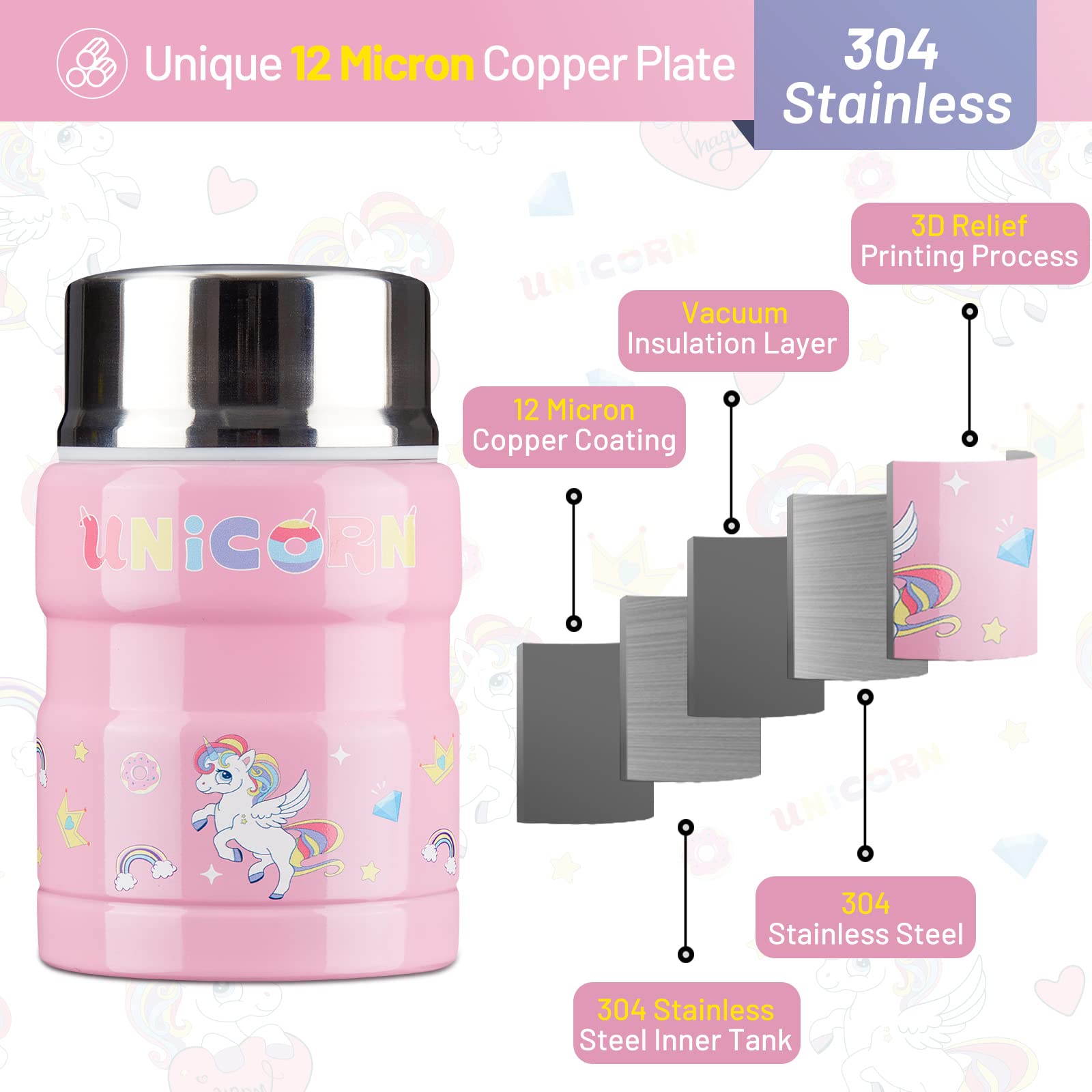 Charcy Termo para niños a prueba de fugas para alimentos calientes, termo de 17 onzas para alimentos calientes con cuchara plegable, contenedor de alimentos aislado, unicornio, rosa