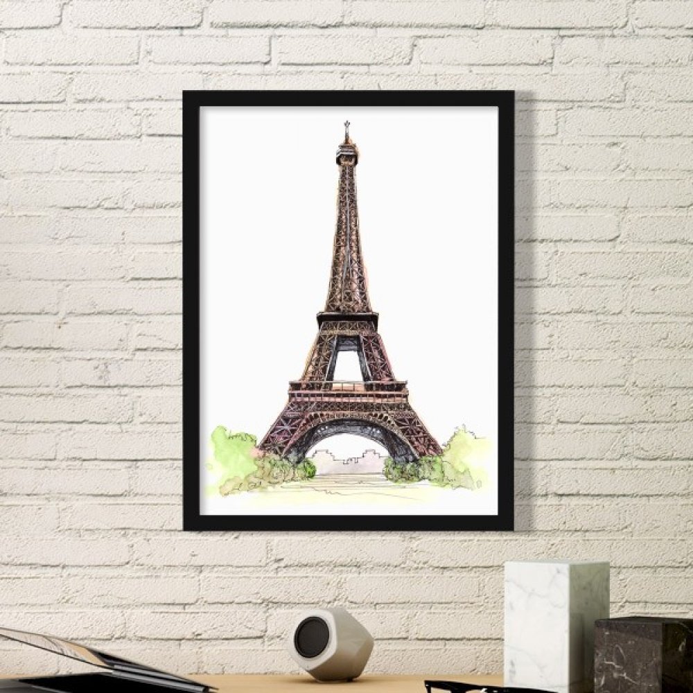 Cuadros de la Torre Eiffel de París para decorar el salón con marcos negros medianos simples
