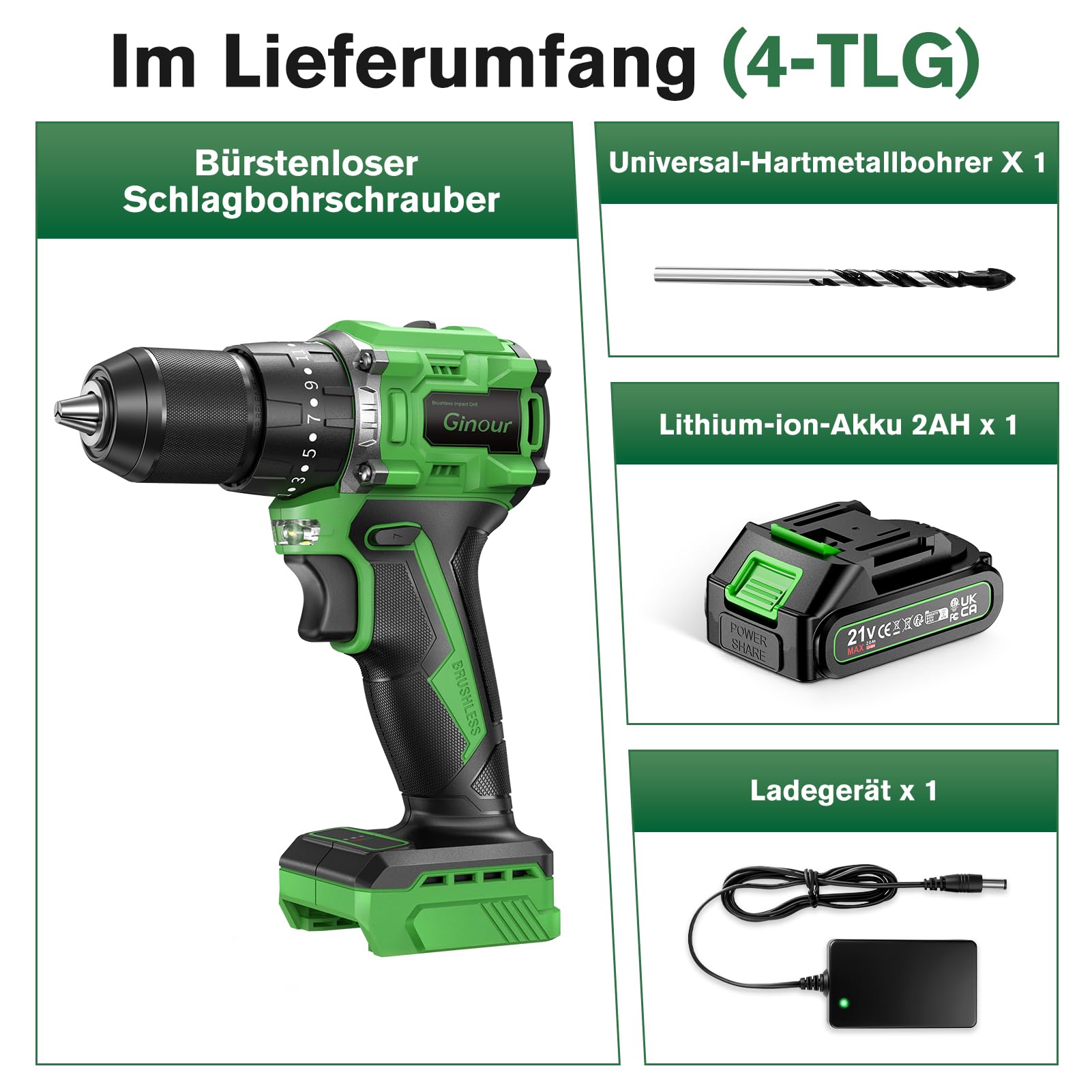 Ginour 50Nm Bürstenlos Akku Schlagbohrschrauber 21V Set, 1x2Ah Akku | kompatibel mit Makita 18V Akku & Ladegerät, 2-Gang, 23+3 Stufen, Zubehör mit Bohrer, LED, 10mm Bohrmaschine & Akkuschrauber