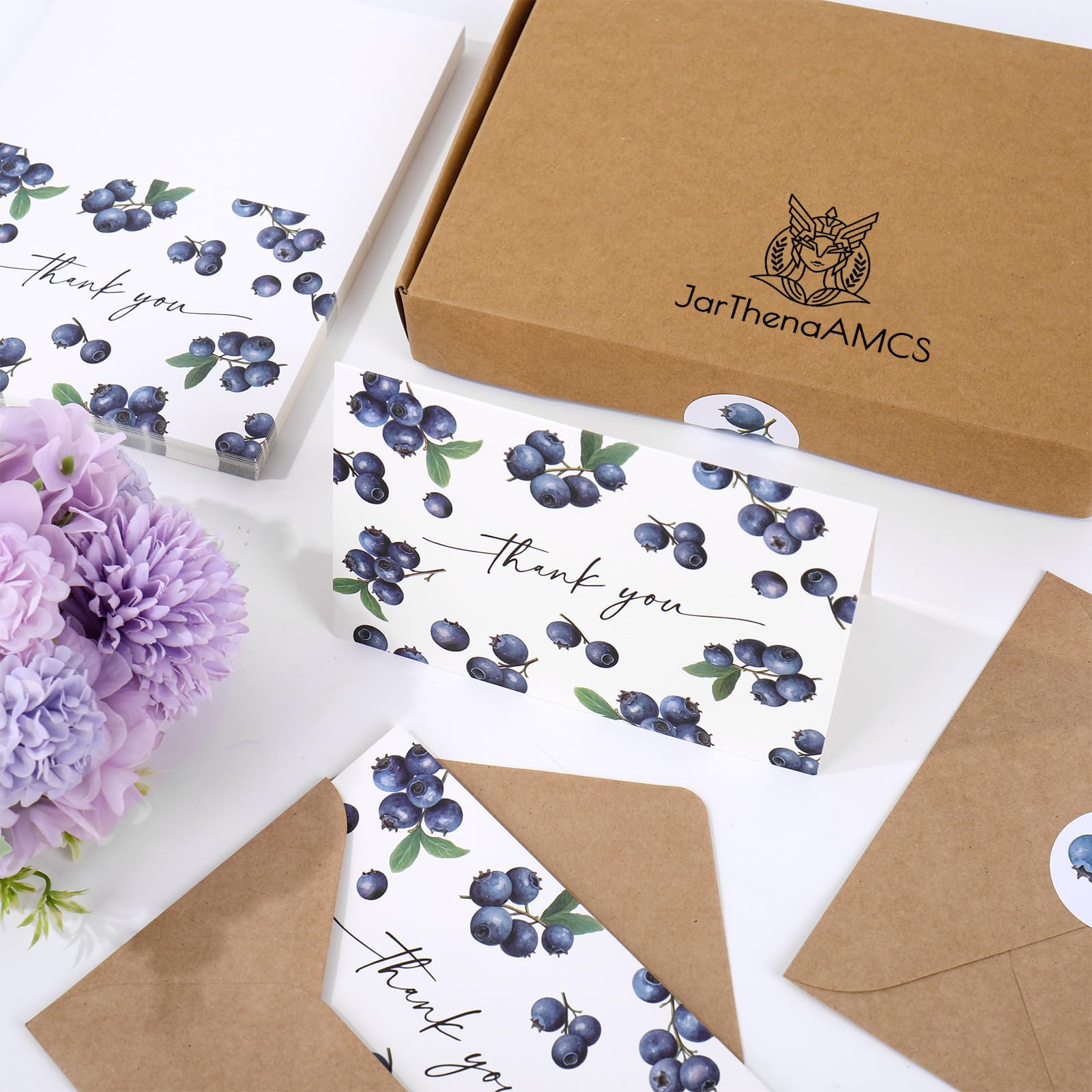 JarThenaAMCS Blaubeer-Dankeskarten, Blaubeere, Obst-Grußkarten, blanko, mit Umschlägen und Aufklebern, für Sommer, Geburtstag, Babyparty, 10,2 x 15,2 cm, 50 Stück