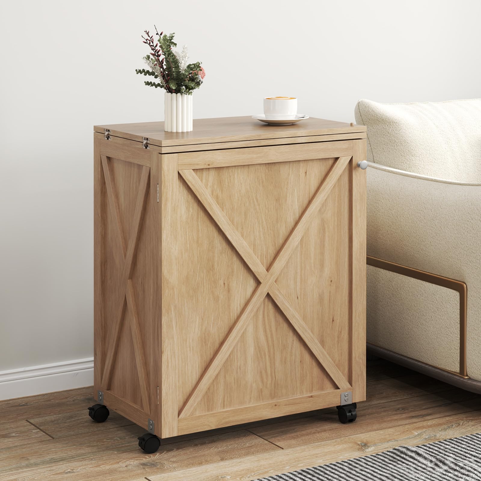 RELAX4LIFE Table de Couture Pliante avec 3 Compartiments, roulettes Verrouillables, Etagère de Rangement, Armoire pour Machine à Coudre Peu Encombrante pour Aiguilles Fils et Ciseaux (Naturel)