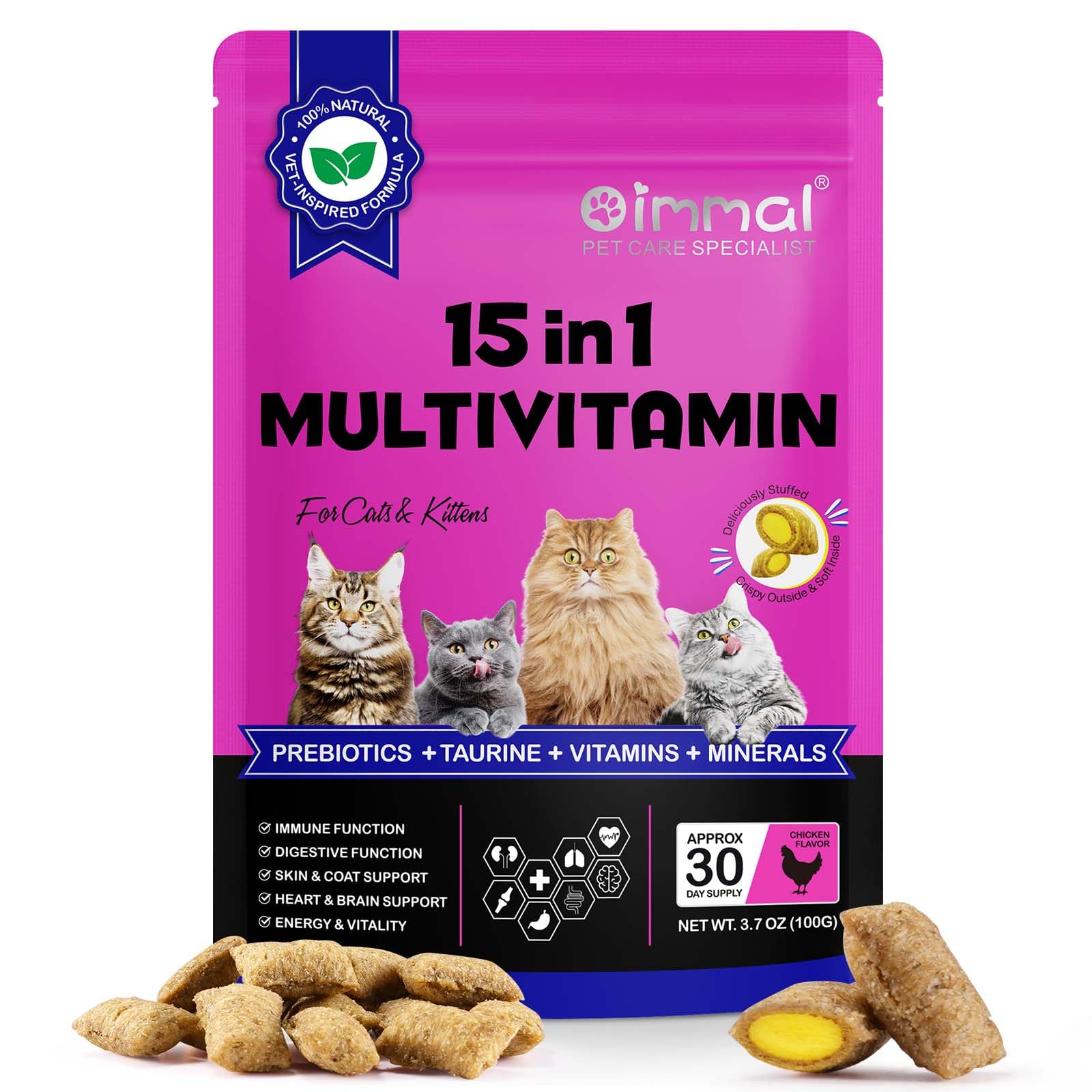 Cat Multivitamin Crunchy & Creamy Chews, Cat Treats Support for Immune, Joint, Skin & Coat, Digestion, Heart & Eyes, Cats Vitamins Supplements with Taurine for Cats Kittens - Chicken Flavor