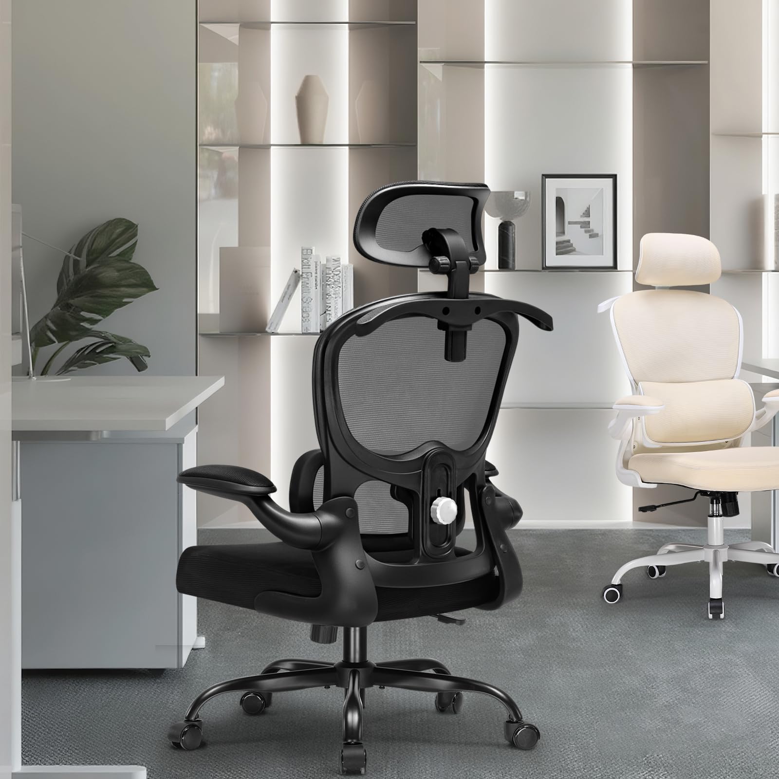 COMHOMA Chaise de Bureau Ergonomique, Fauteuil avec Appui-tête 3D et Support Lombaire, Design Intégré avec Porte-vêtements, Accoudoirs Rabattables, Siège Rembourré en Maille Respirante